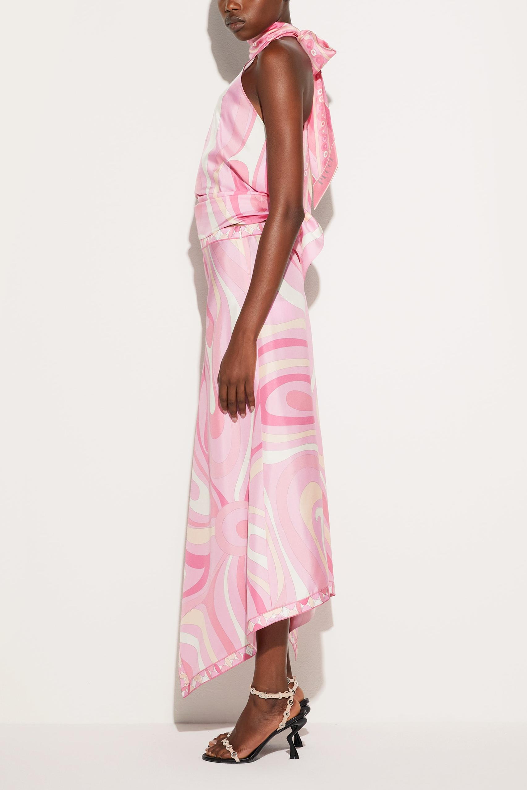 Satin Halter Neck Mini Top & Scarf Print Mid Waist Midi Skirt Set