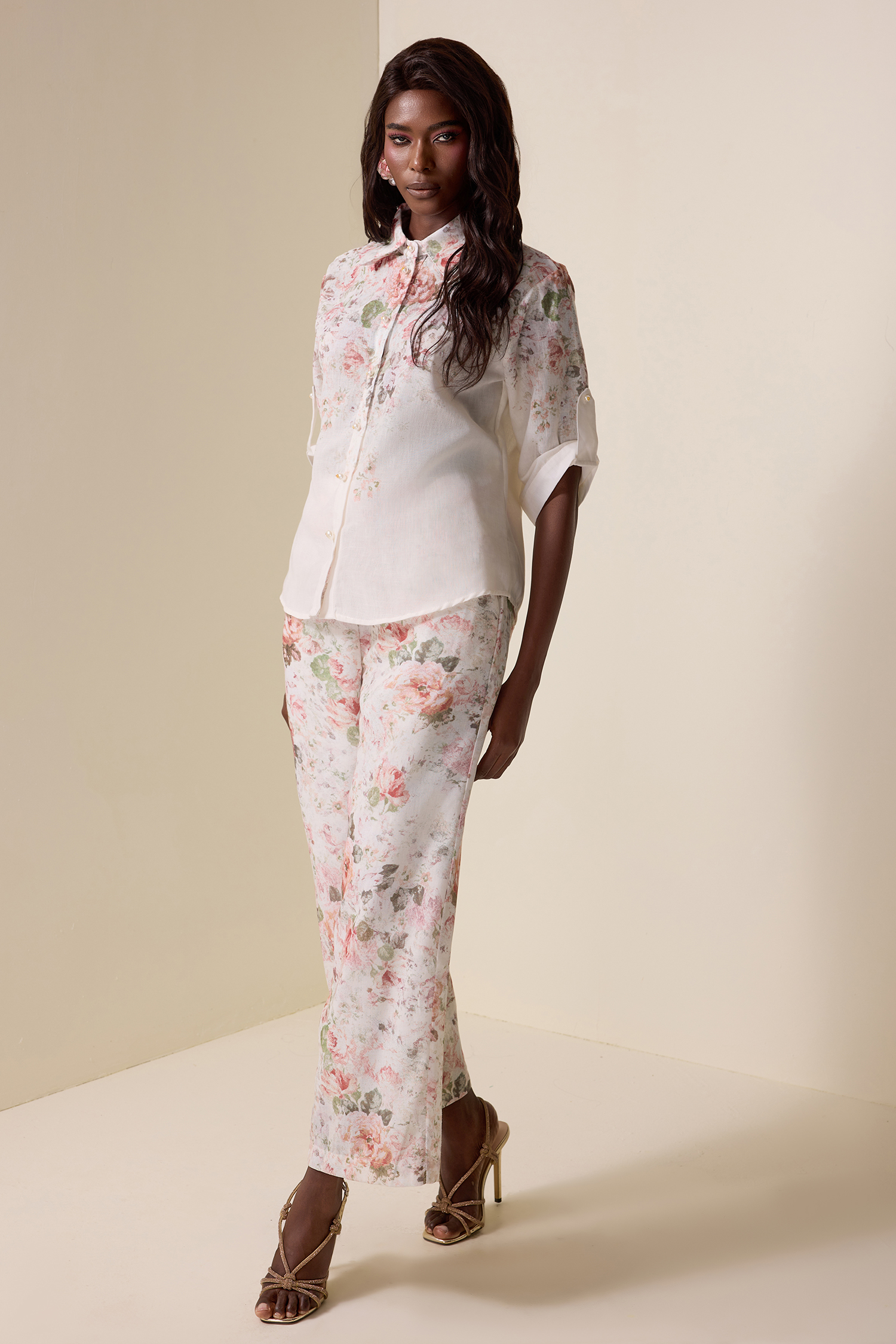 Floral Shirt Collar Short Sleeve Top & High Waist Pants Set