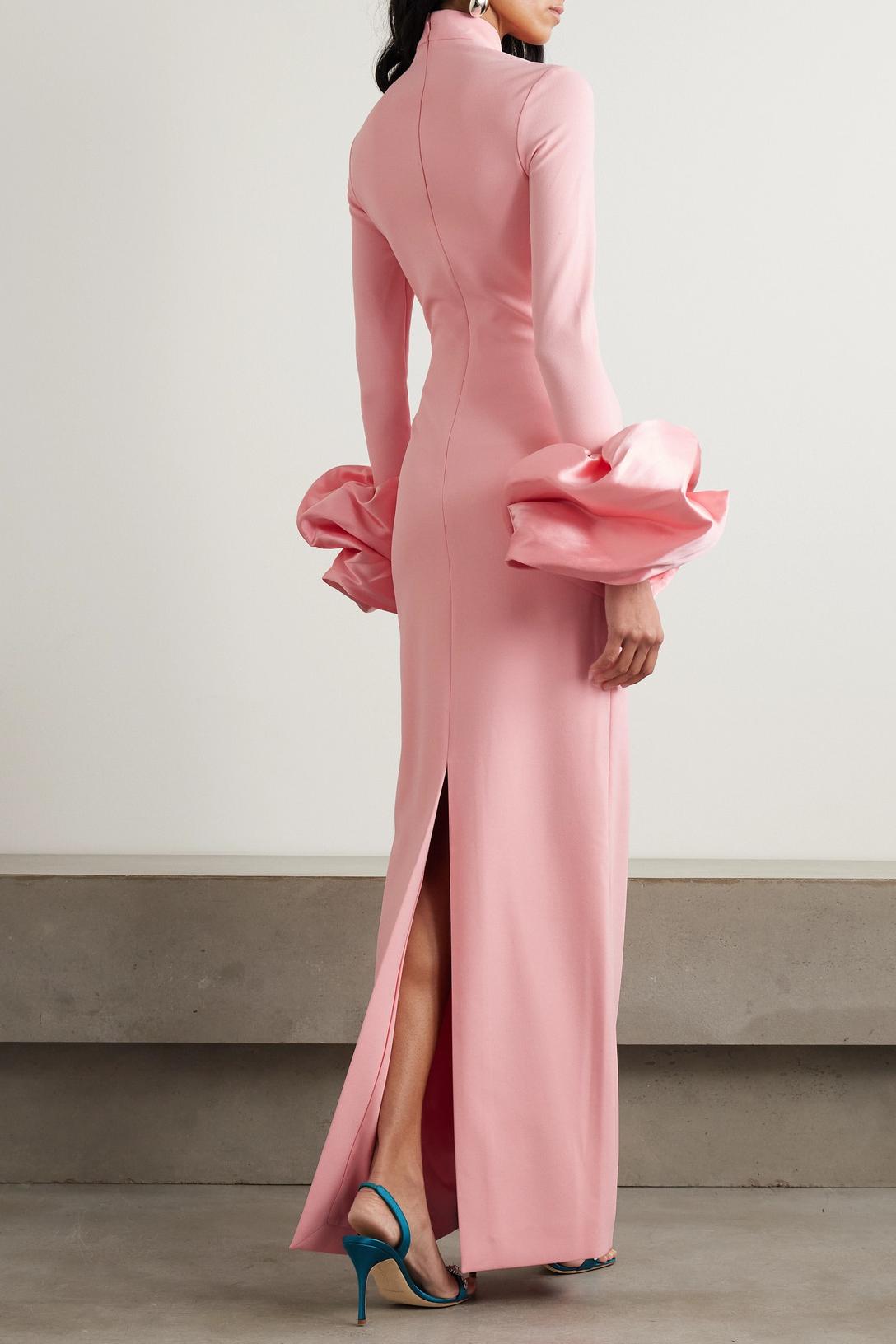 High Neck Faille-Trimmed Slit Midi Dress High Neck Faille-Trimmed Slit Midi Dress