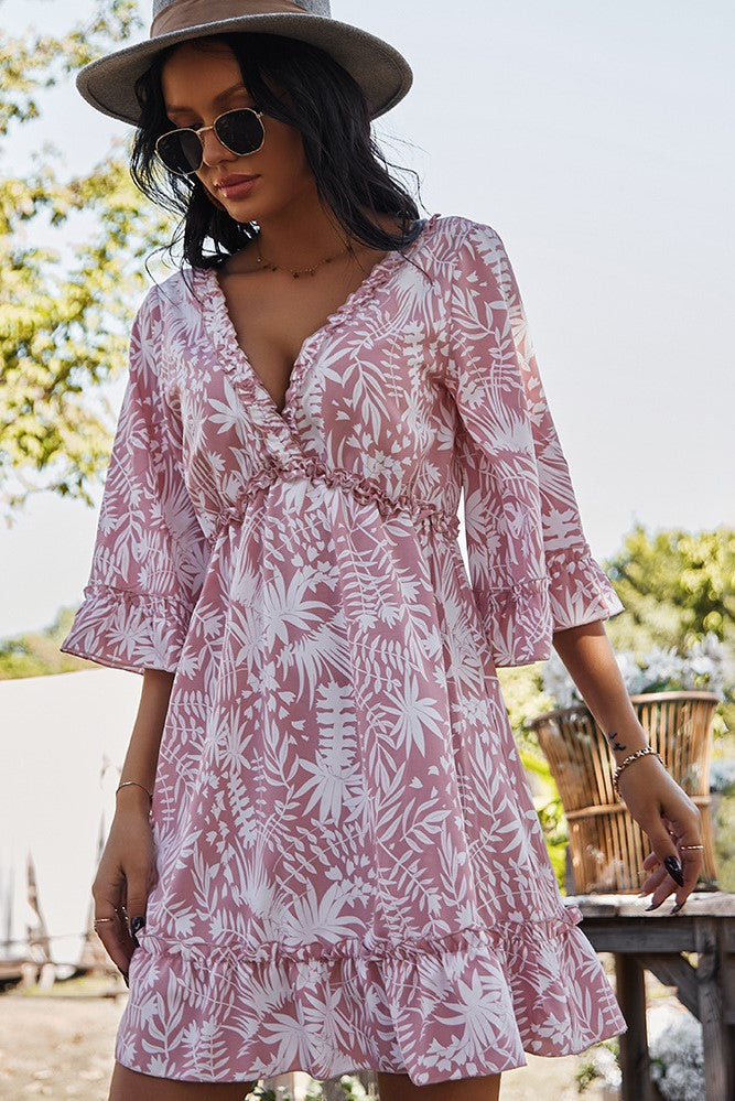 Floral V-Neck Mid Sleeve Backless Lace Up Ruffle Hem Mini Dress Floral V-Neck Mid Sleeve Backless Lace Up Ruffle Hem Mini Dress