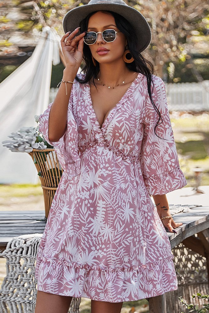 Floral V-Neck Mid Sleeve Backless Lace Up Ruffle Hem Mini Dress Floral V-Neck Mid Sleeve Backless Lace Up Ruffle Hem Mini Dress