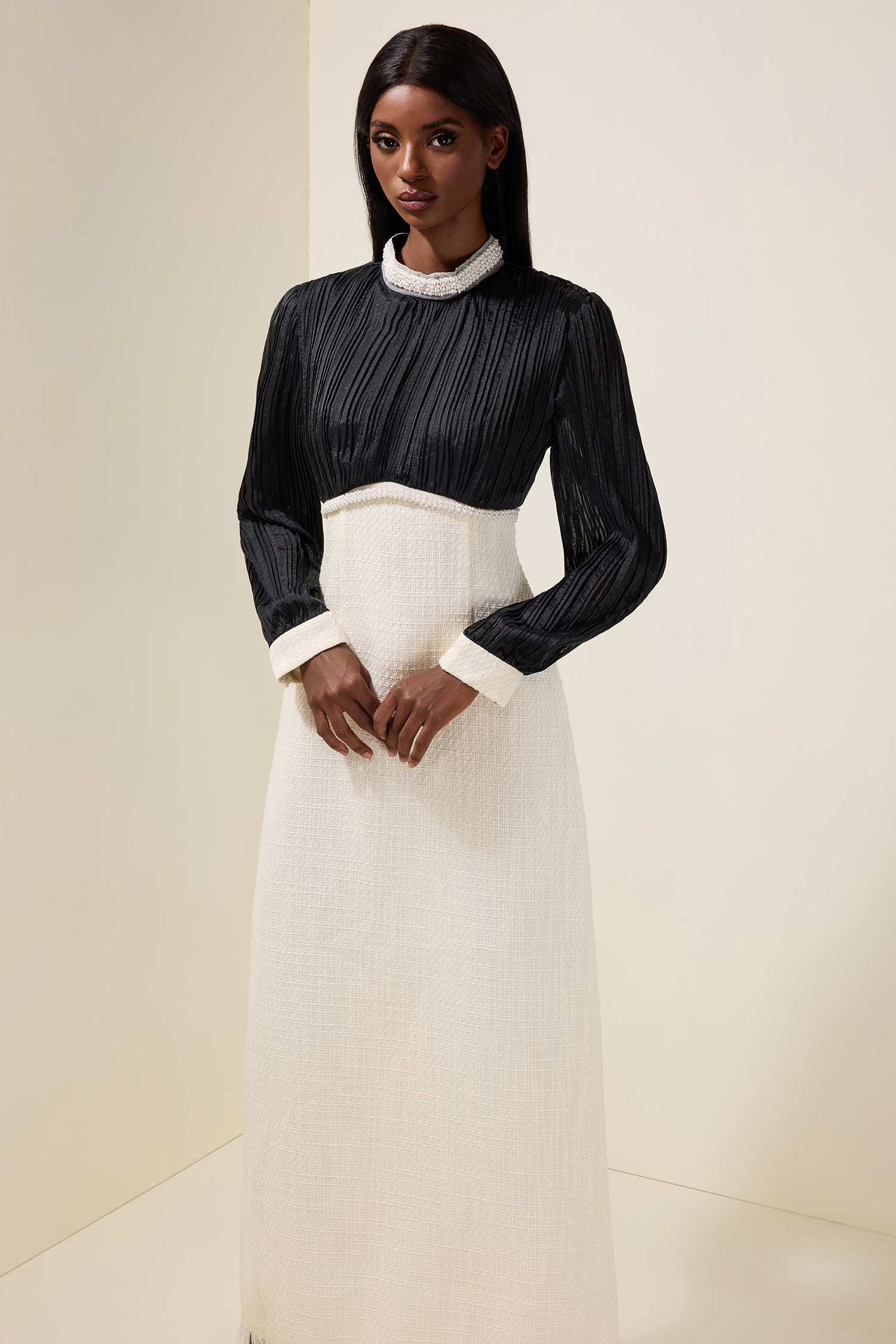 Tweed Contrast Color Rhinestone Feather Midi Dress Tweed Contrast Color Rhinestone Feather Midi Dress