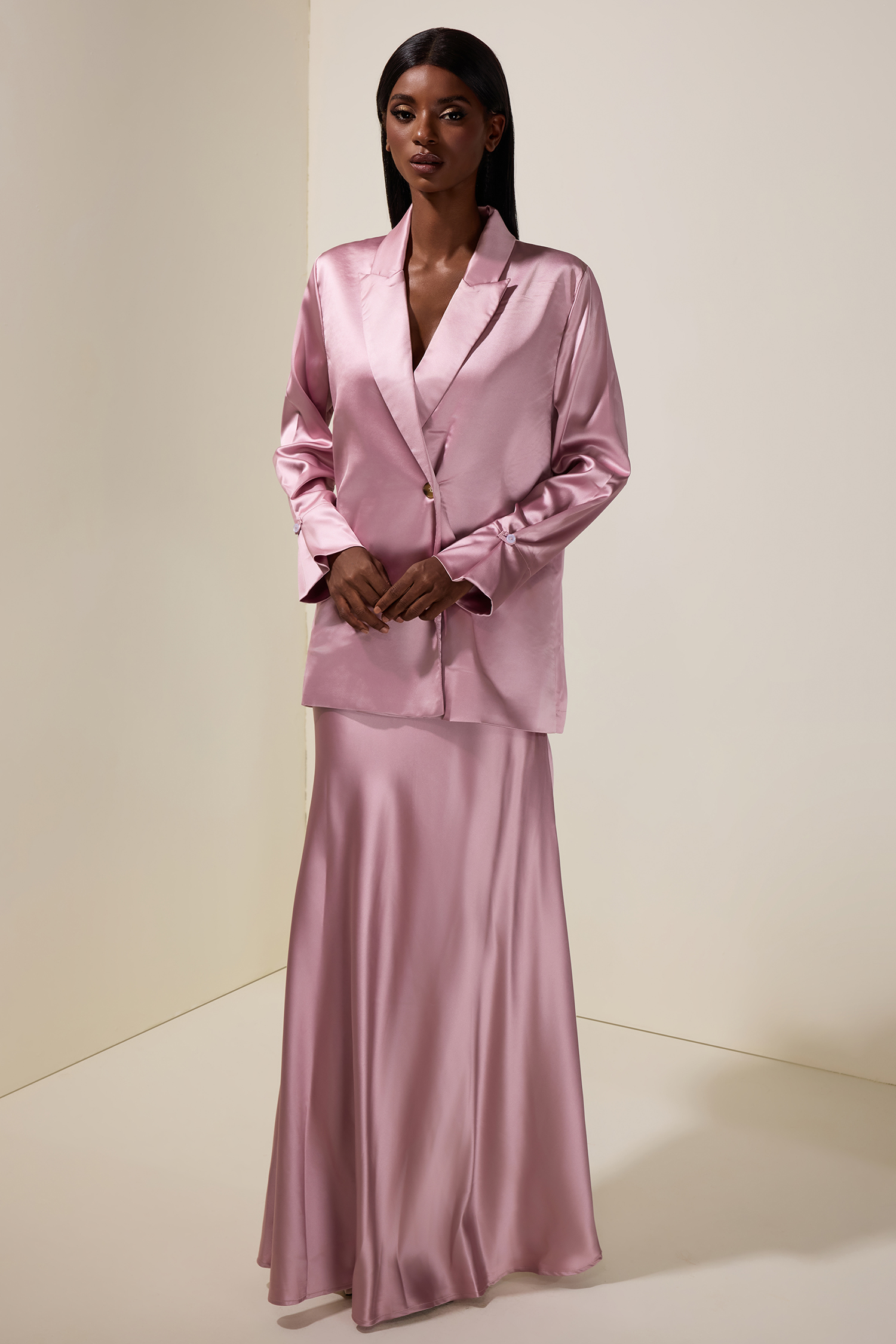 Satin Button Blazer & High Waist Maxi Skirt Set