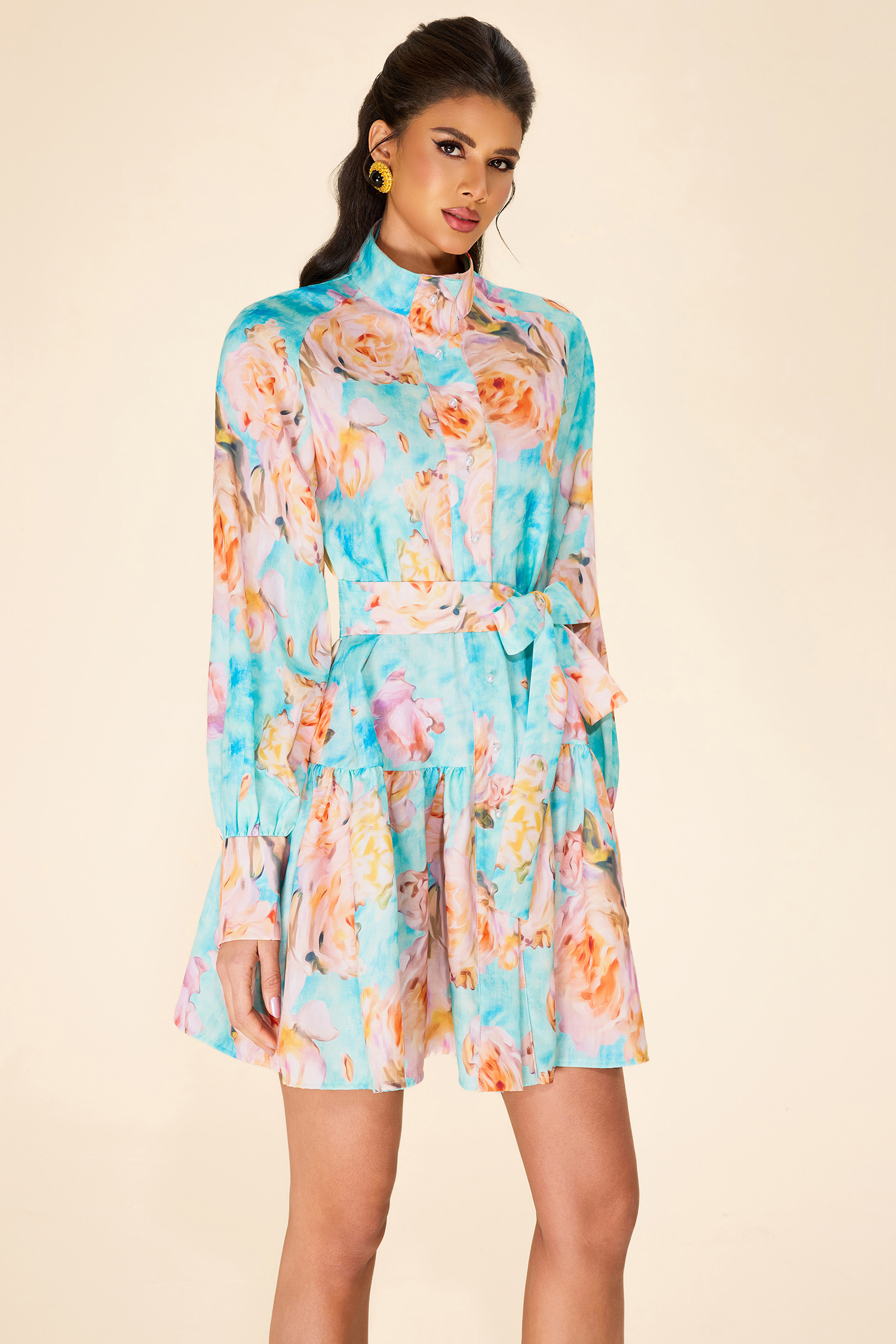 Floral Lantern Sleeve Mini Dress With Belt Floral Lantern Sleeve Mini Dress With Belt
