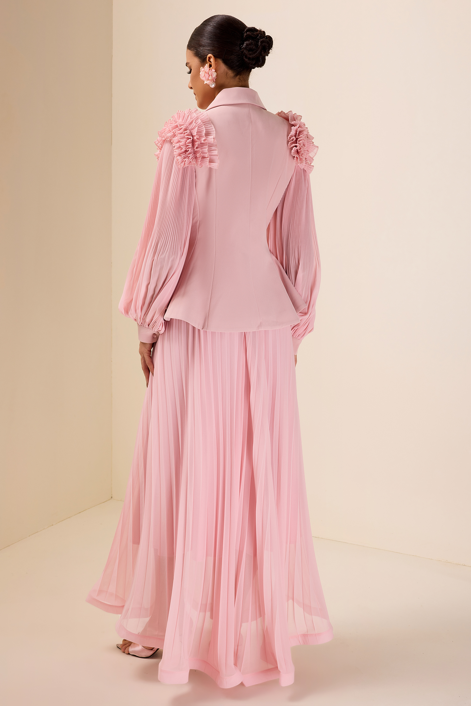 Frill Tailored Collar Pleated Top & Maxi Skirt Set