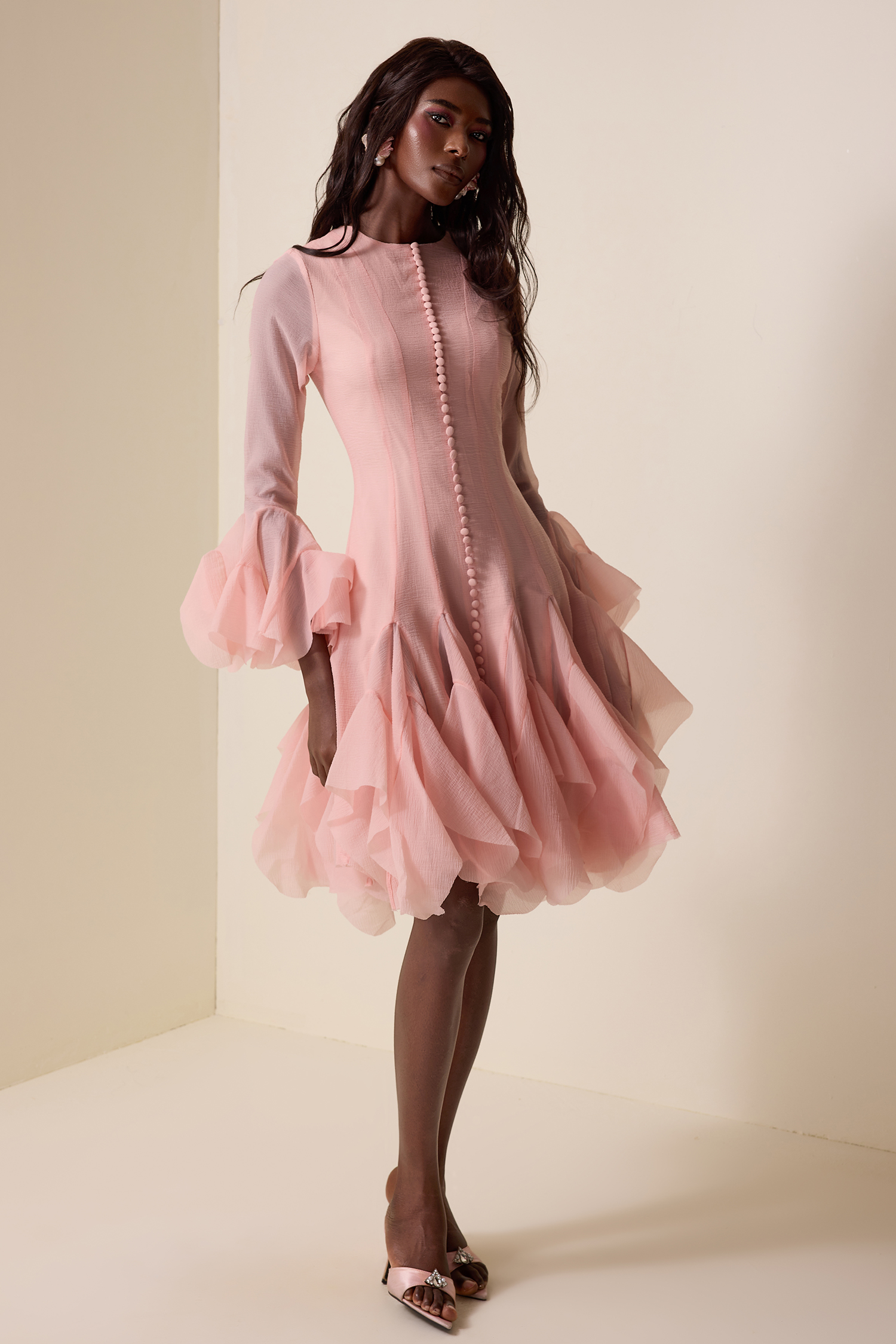 Solid Ruffle Bell Sleeve Midi Dress Solid Ruffle Bell Sleeve Midi Dress