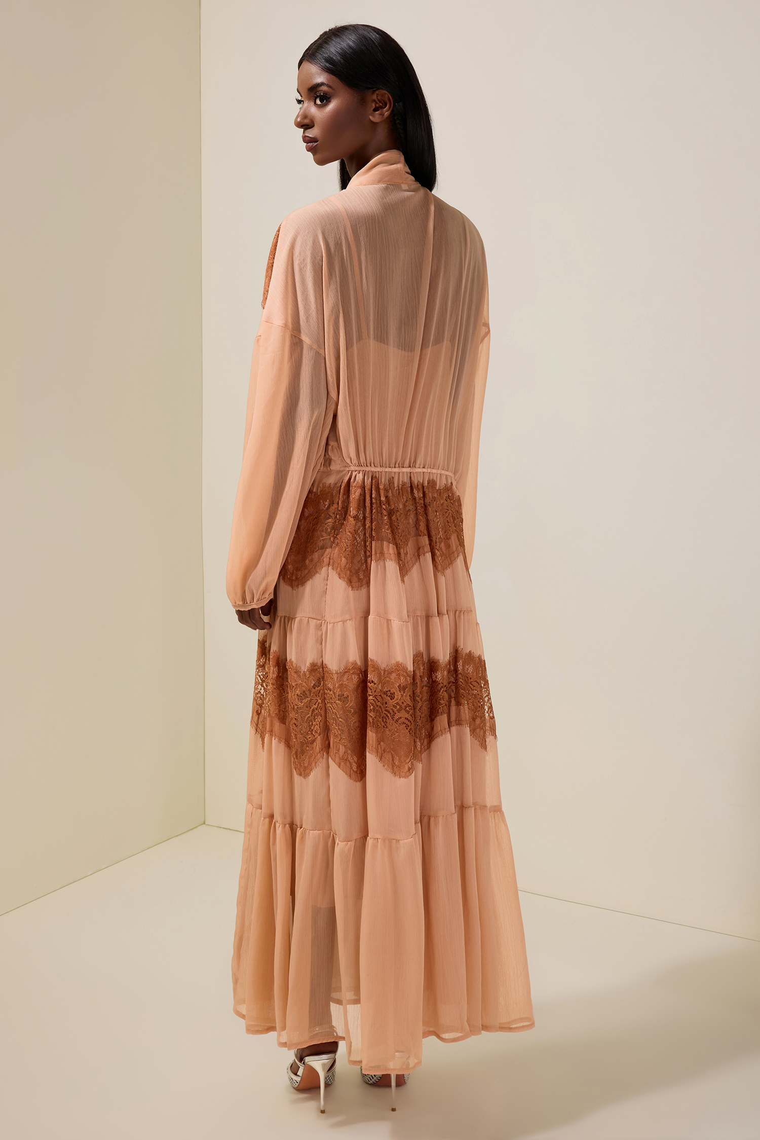 Chiffon Splicing Lace Tie-Up Long Sleeve Midi Dress Chiffon Splicing Lace Tie-Up Long Sleeve Midi Dress