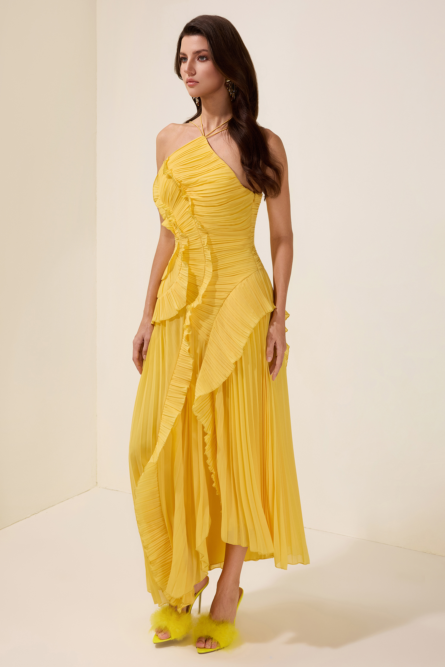 Pleated Frill Halter Neck Midi Dress Pleated Frill Halter Neck Midi Dress