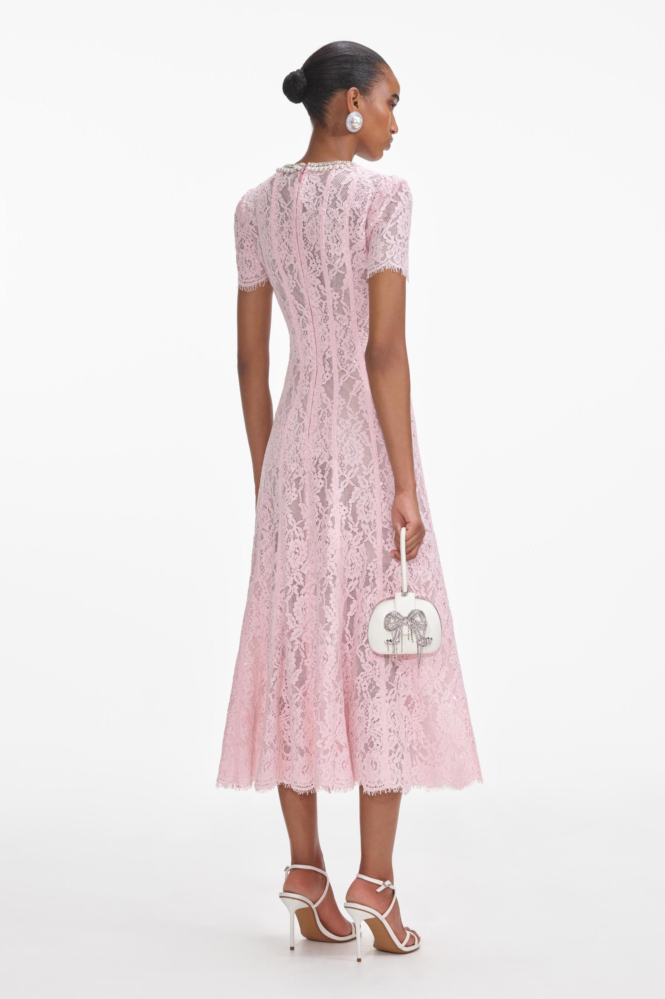Rhinestone Faux Pearl Lace Midi Dress Rhinestone Faux Pearl Lace Midi Dress