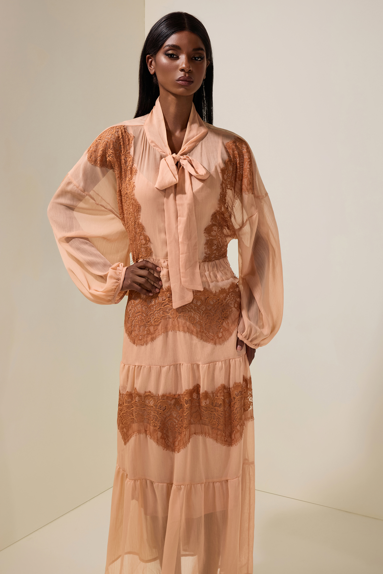 Chiffon Splicing Lace Tie-Up Long Sleeve Midi Dress Chiffon Splicing Lace Tie-Up Long Sleeve Midi Dress
