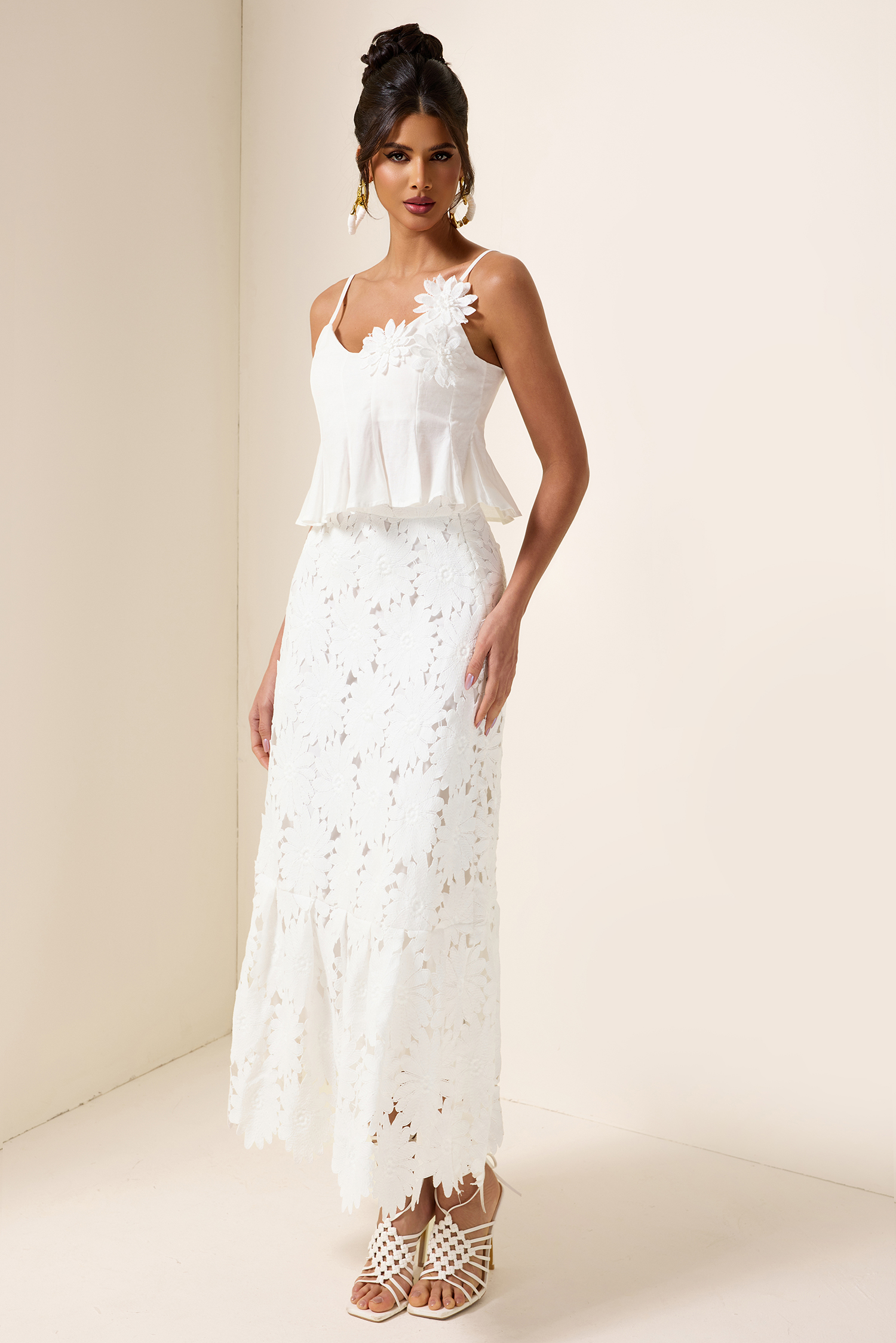 3D Floral Top & High Waist Embroidered Skirt Set 3D Floral Top & High Waist Embroidered Skirt Set
