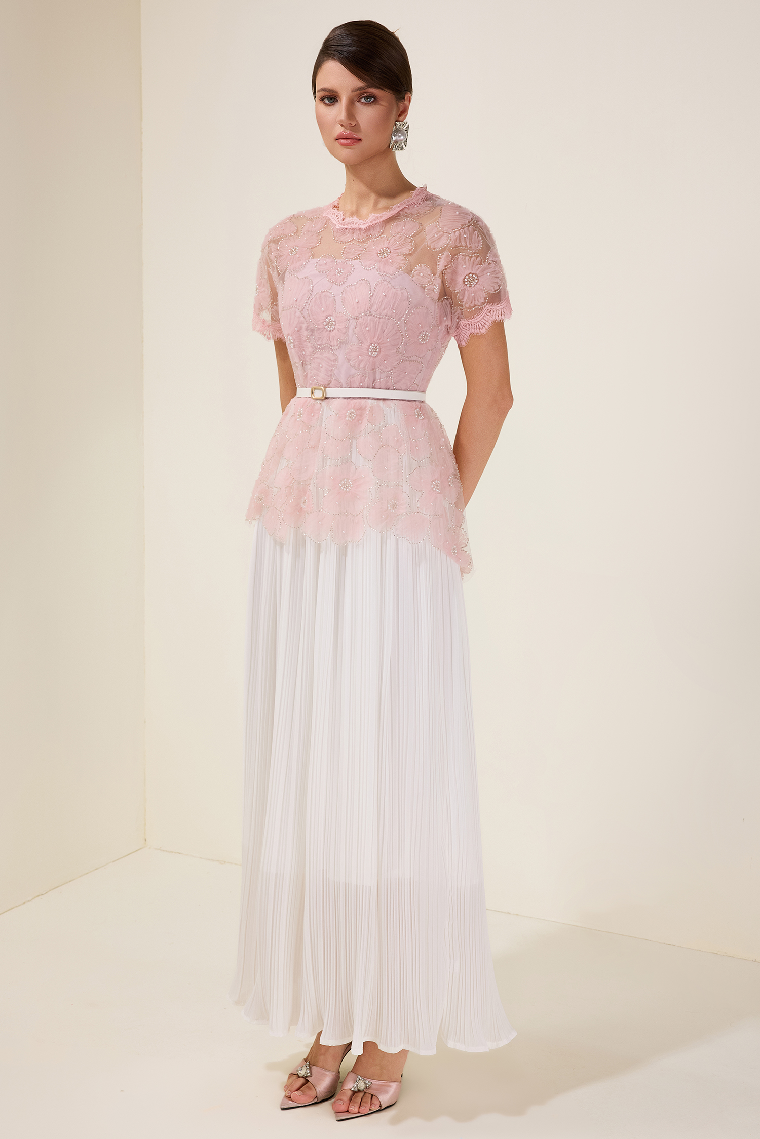 Lace Splicing Pleated Midi Dress With Belt Lace Splicing Pleated Midi Dress With Belt