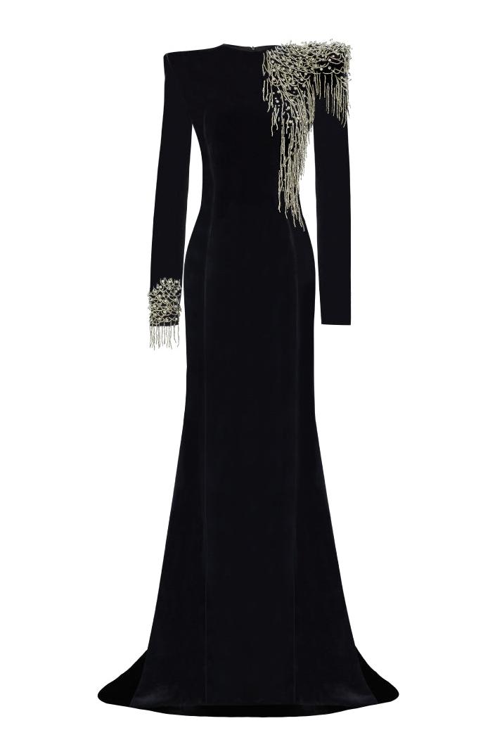 Nail Bead Embroidery Velvet Maxi Dress Nail Bead Embroidery Velvet Maxi Dress
