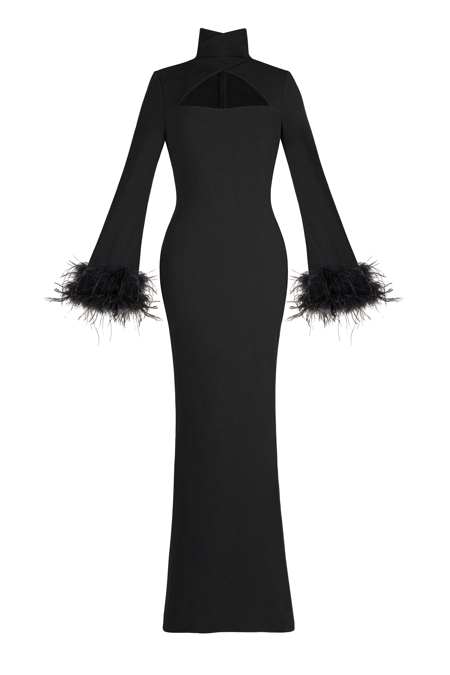 Feather Solid High Neck Midi Dress Black Feather Solid High Neck Midi Dress Black