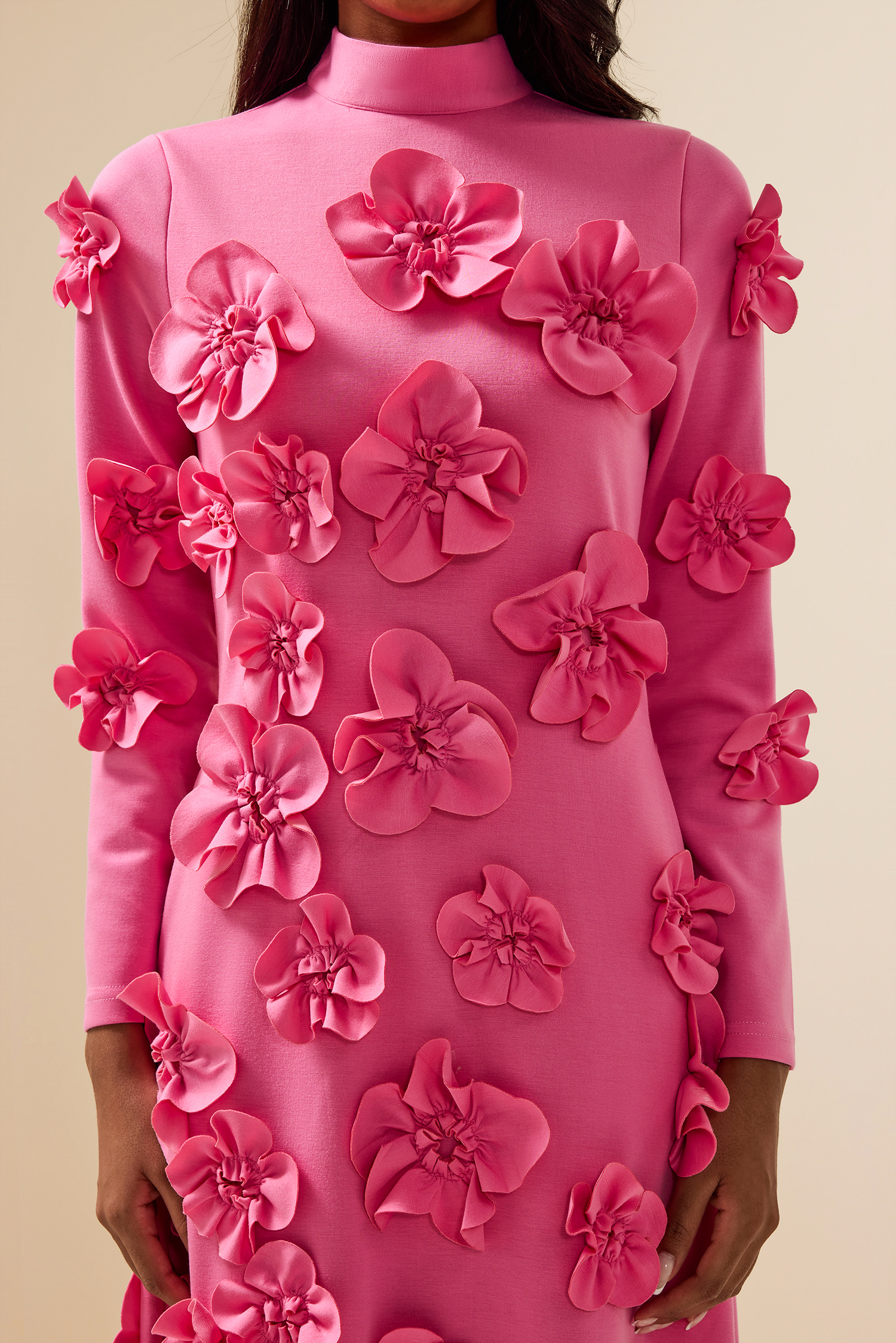 3D Flower Stand Collar Long Sleeve Midi Dress 3D Flower Stand Collar Long Sleeve Midi Dress