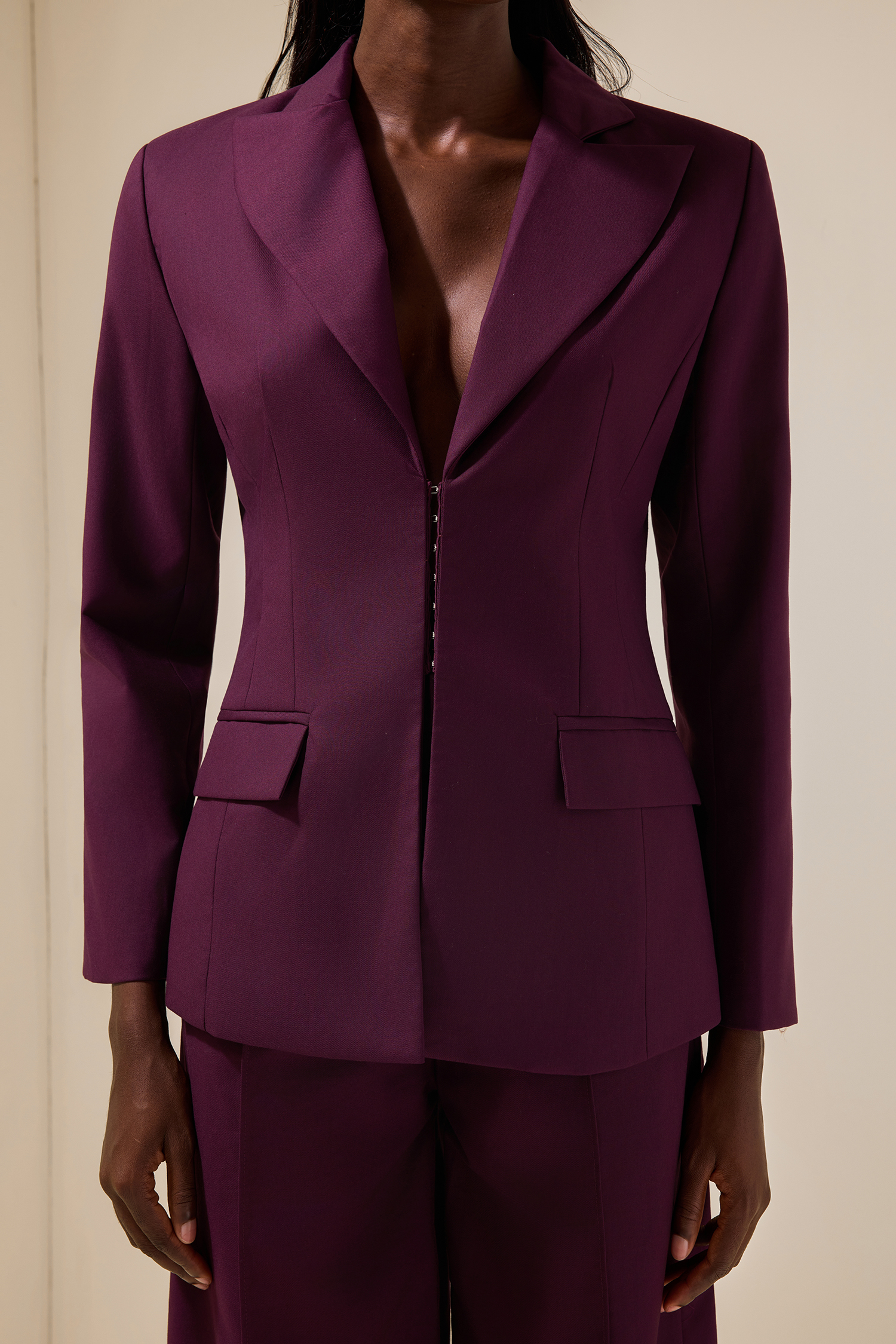 Solid Tailored Collar Blazer & High Waist Loose Pants Set