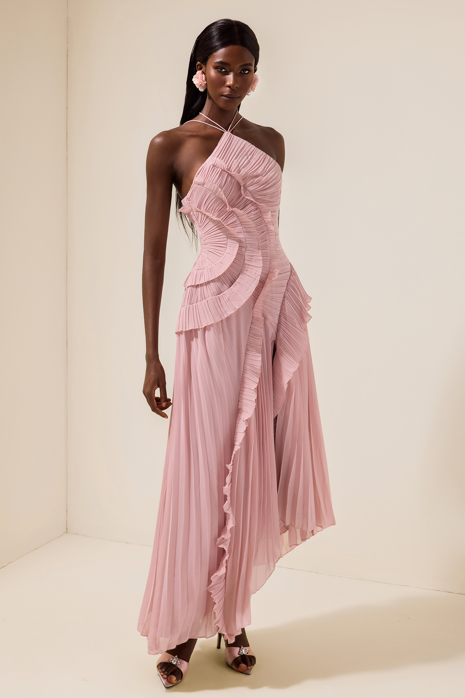 Pleated Frill Halter Neck Midi Dress Pleated Frill Halter Neck Midi Dress