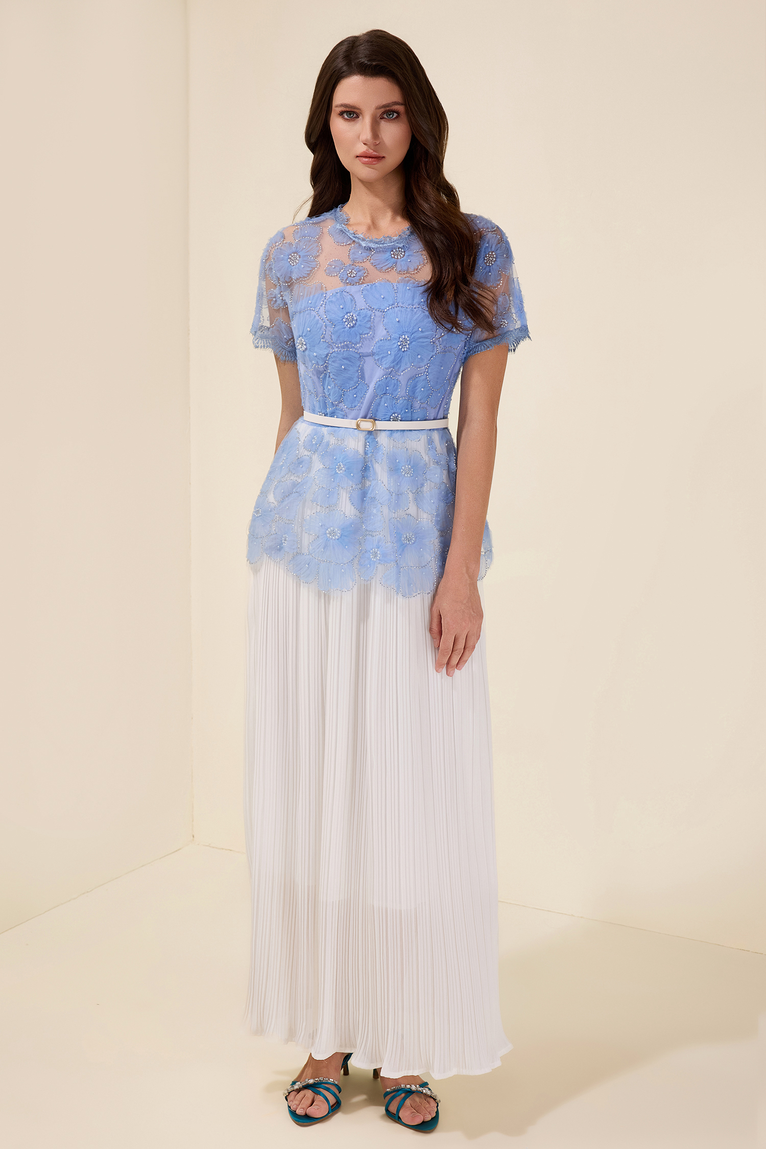 Lace Splicing Pleated Midi Dress With Belt Lace Splicing Pleated Midi Dress With Belt