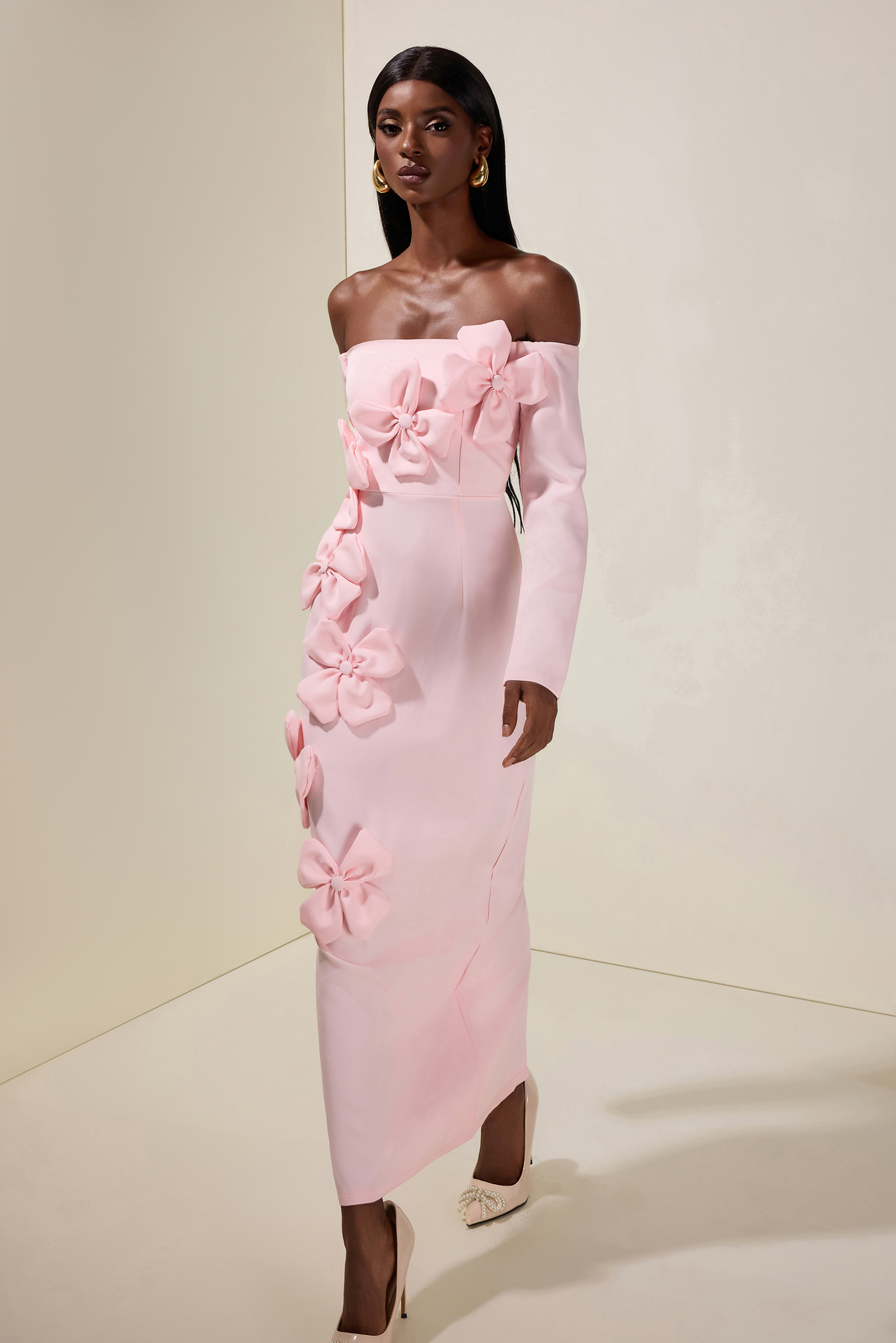 Solid 3D Flower Off-Shoulder Midi Dress Solid 3D Flower Off-Shoulder Midi Dress