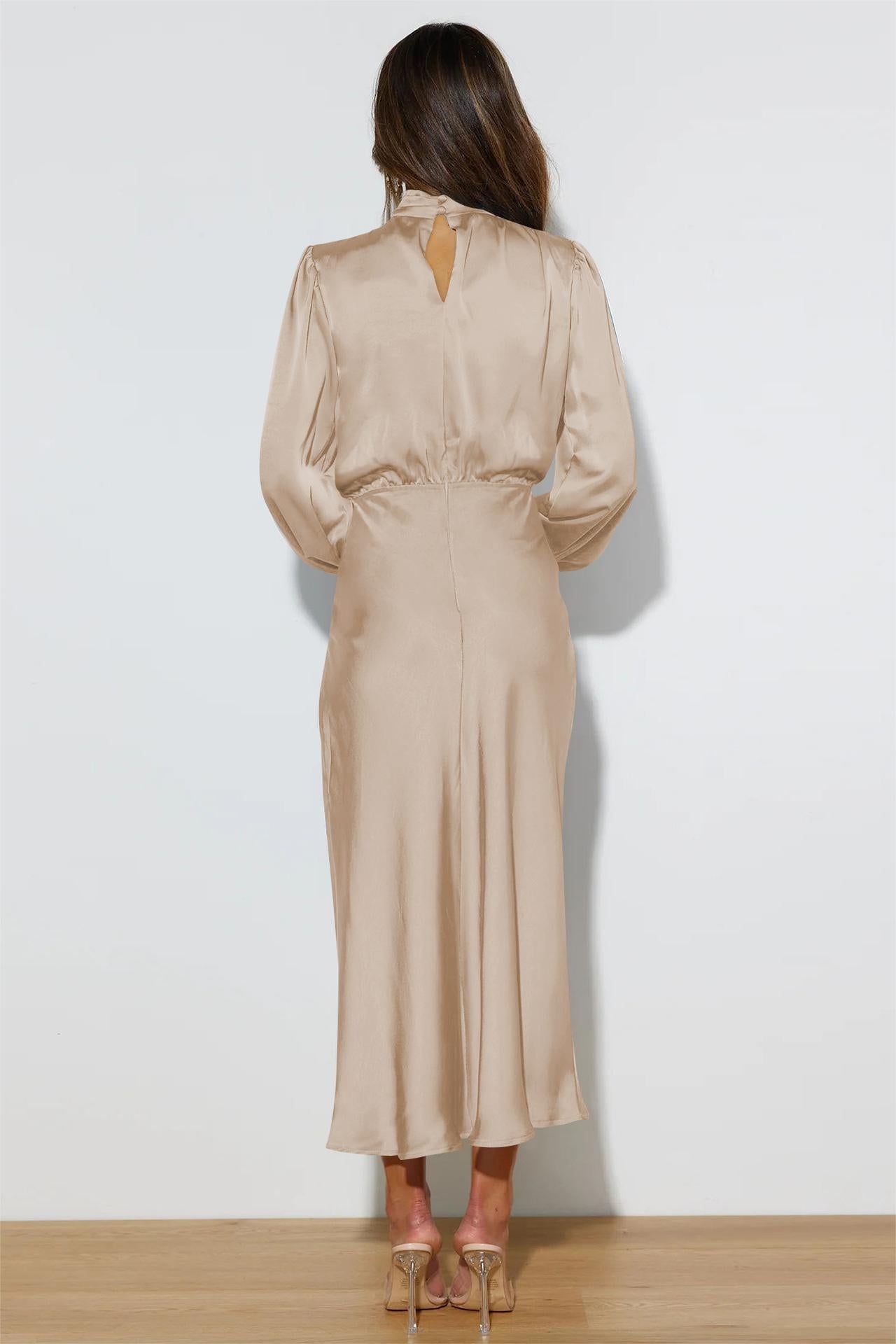 Satin High Neck Long Sleeve Midi Dress Satin High Neck Long Sleeve Midi Dress
