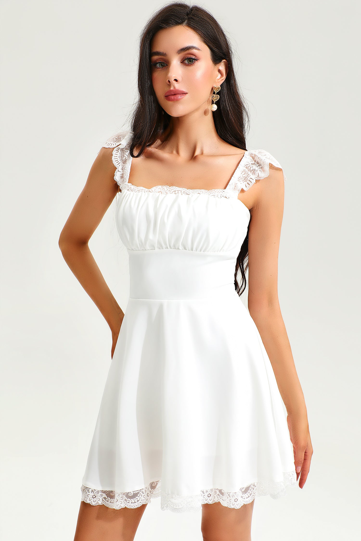 Lace Hem Square Collar Corset Pleated Mini Dress White Lace Hem Square Collar Corset Pleated Mini Dress White