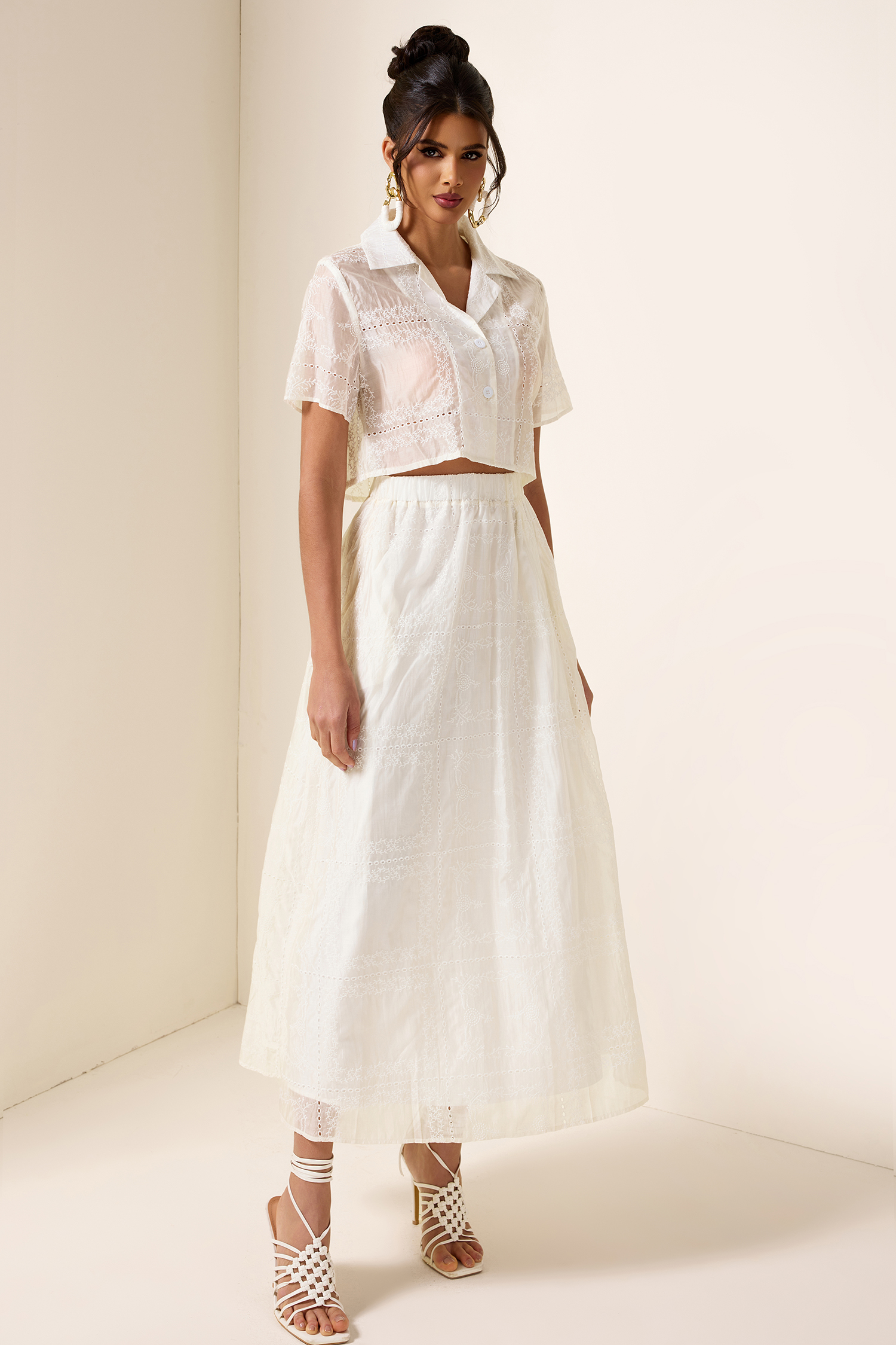 Solid Embroidred Top & Mid Waist Embroidered Skirt Set Solid Embroidred Top & Mid Waist Embroidered Skirt Set