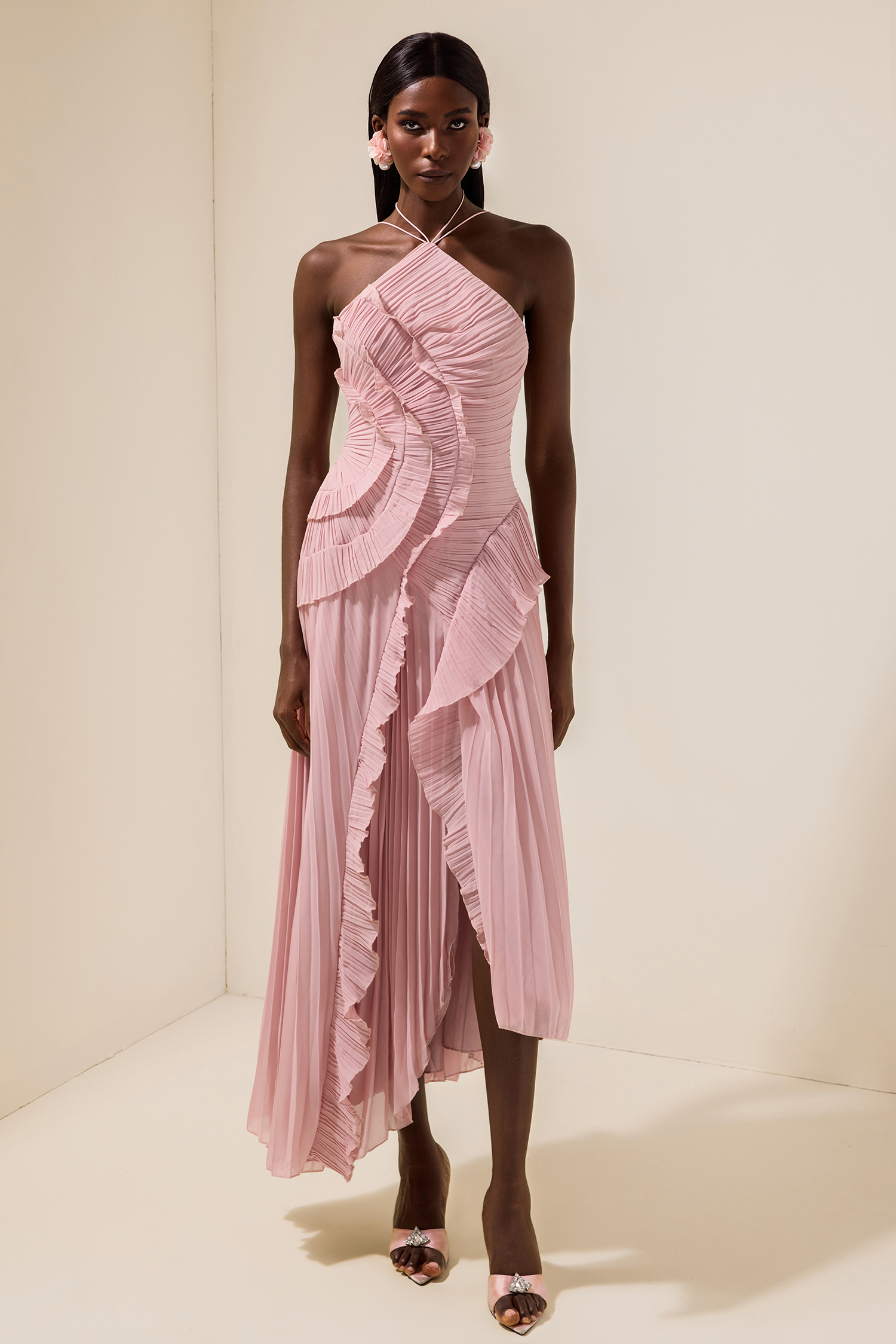 Pleated Frill Halter Neck Midi Dress Pleated Frill Halter Neck Midi Dress