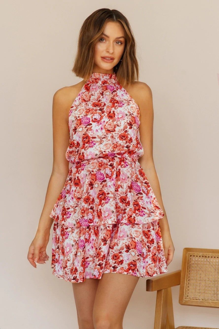 Floral Halter Neck Backless Ruffle Hem Mini Dress Floral Halter Neck Backless Ruffle Hem Mini Dress