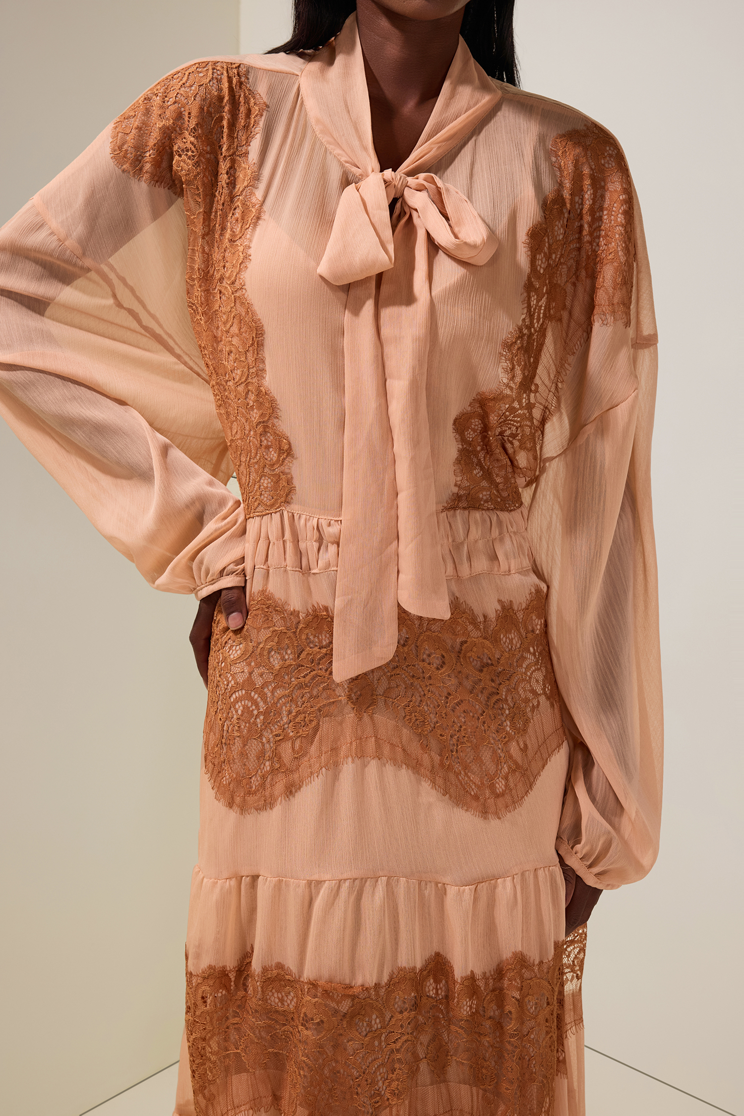 Chiffon Splicing Lace Tie-Up Long Sleeve Midi Dress Chiffon Splicing Lace Tie-Up Long Sleeve Midi Dress
