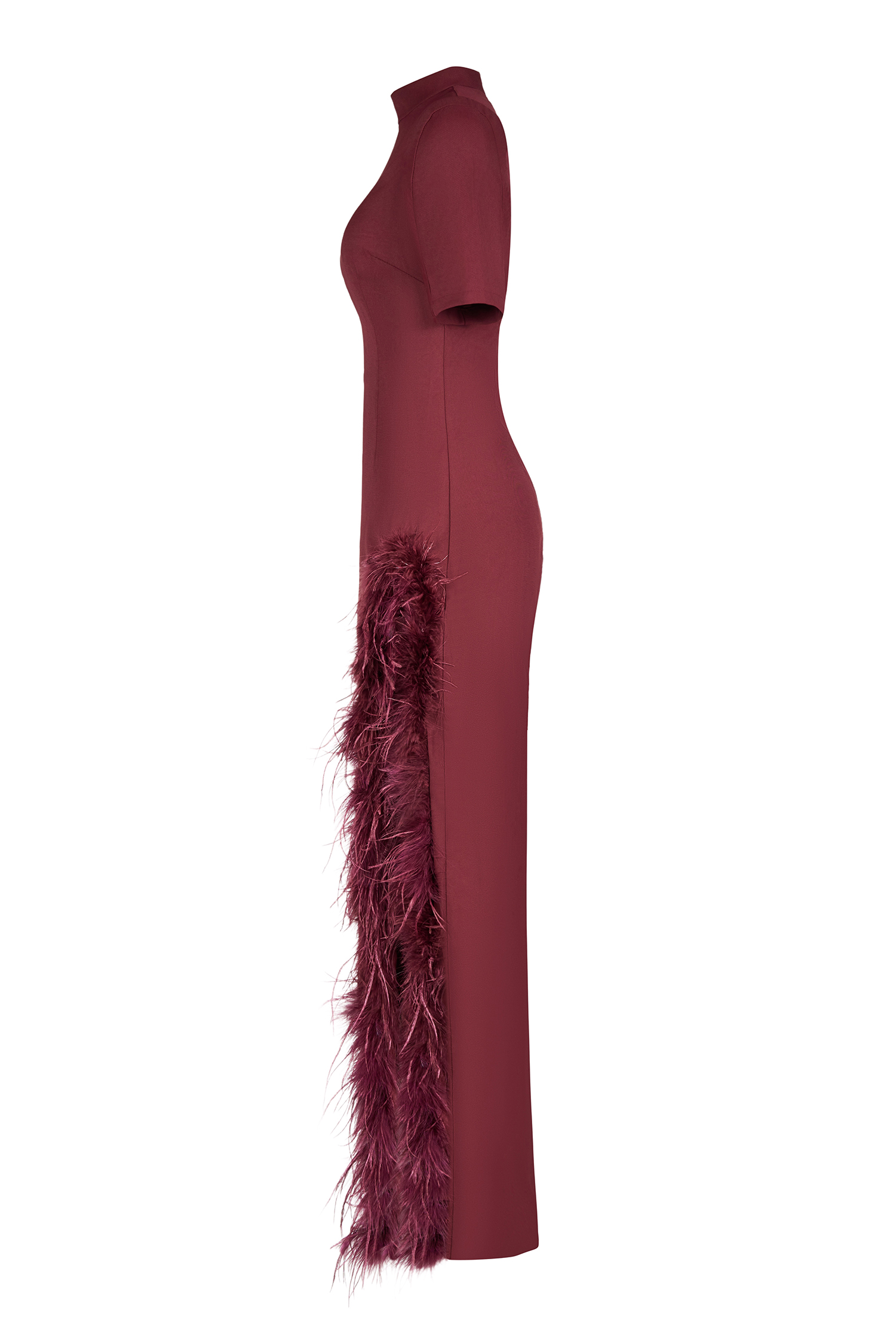 Feather Stand Collar Slit Midi Dress Feather Stand Collar Slit Midi Dress
