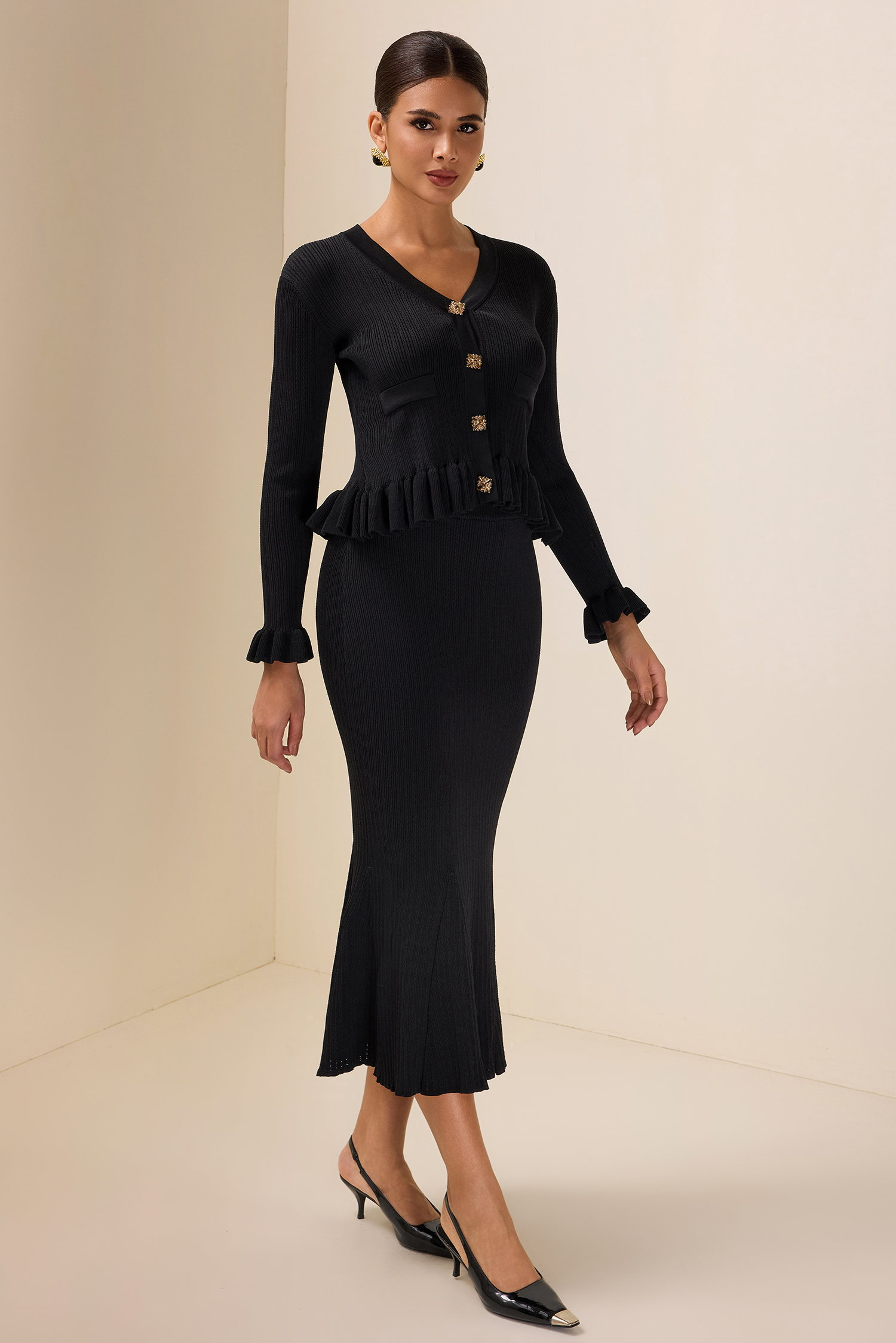 Solid Metal Button Top & High Waist Knit Midi Skirt Set Solid Metal Button Top & High Waist Knit Midi Skirt Set