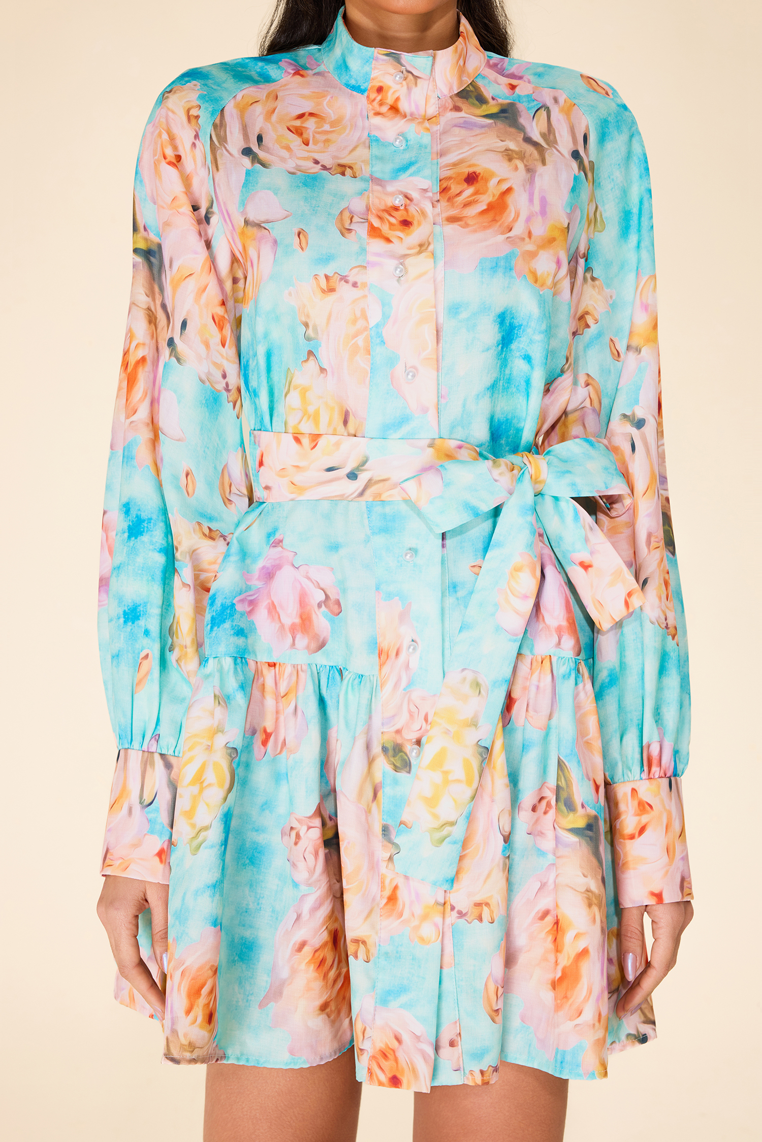 Floral Lantern Sleeve Mini Dress With Belt Floral Lantern Sleeve Mini Dress With Belt