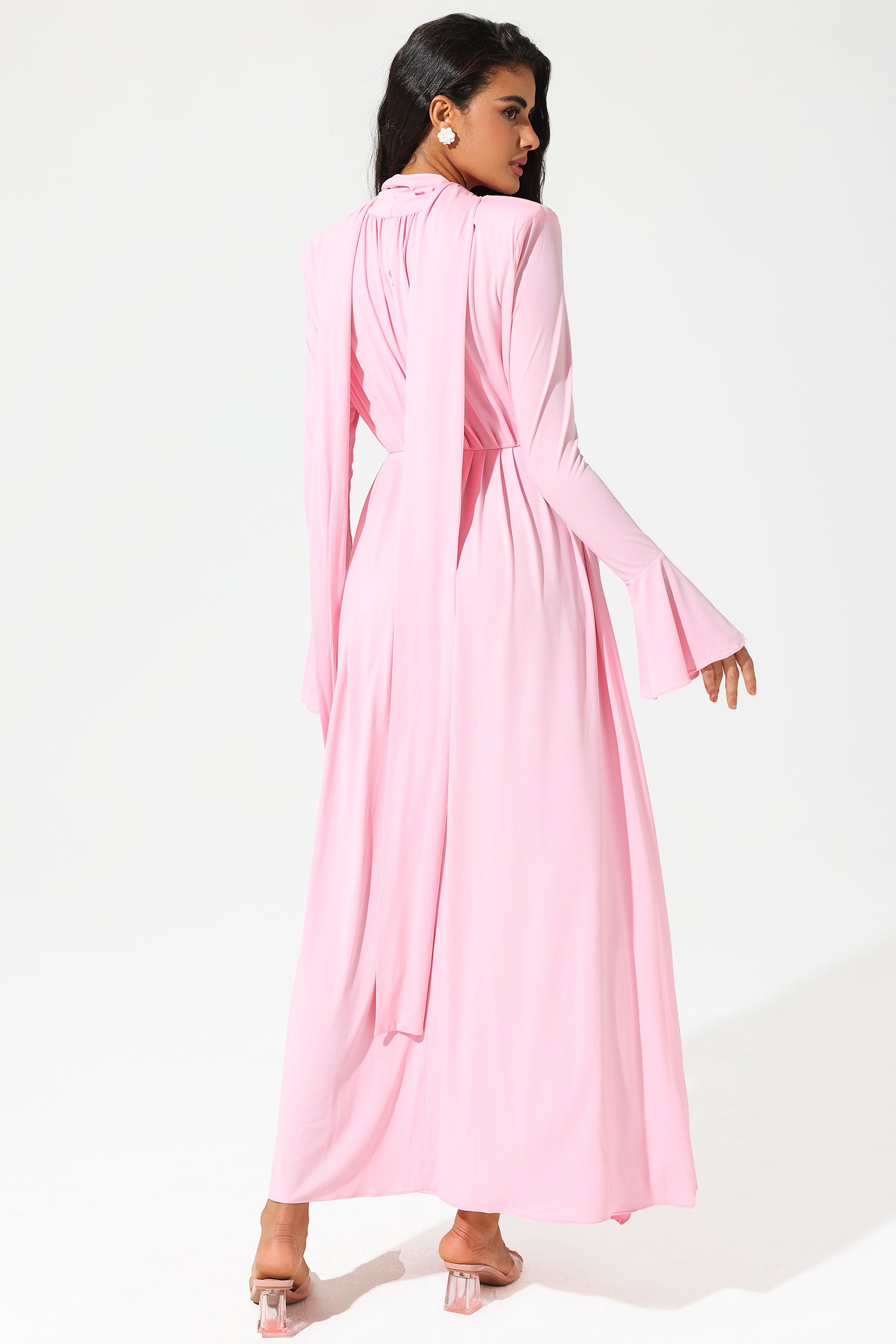 Lantern Sleeve High Collar Flower Slit Midi Dress Lantern Sleeve High Collar Flower Slit Midi Dress