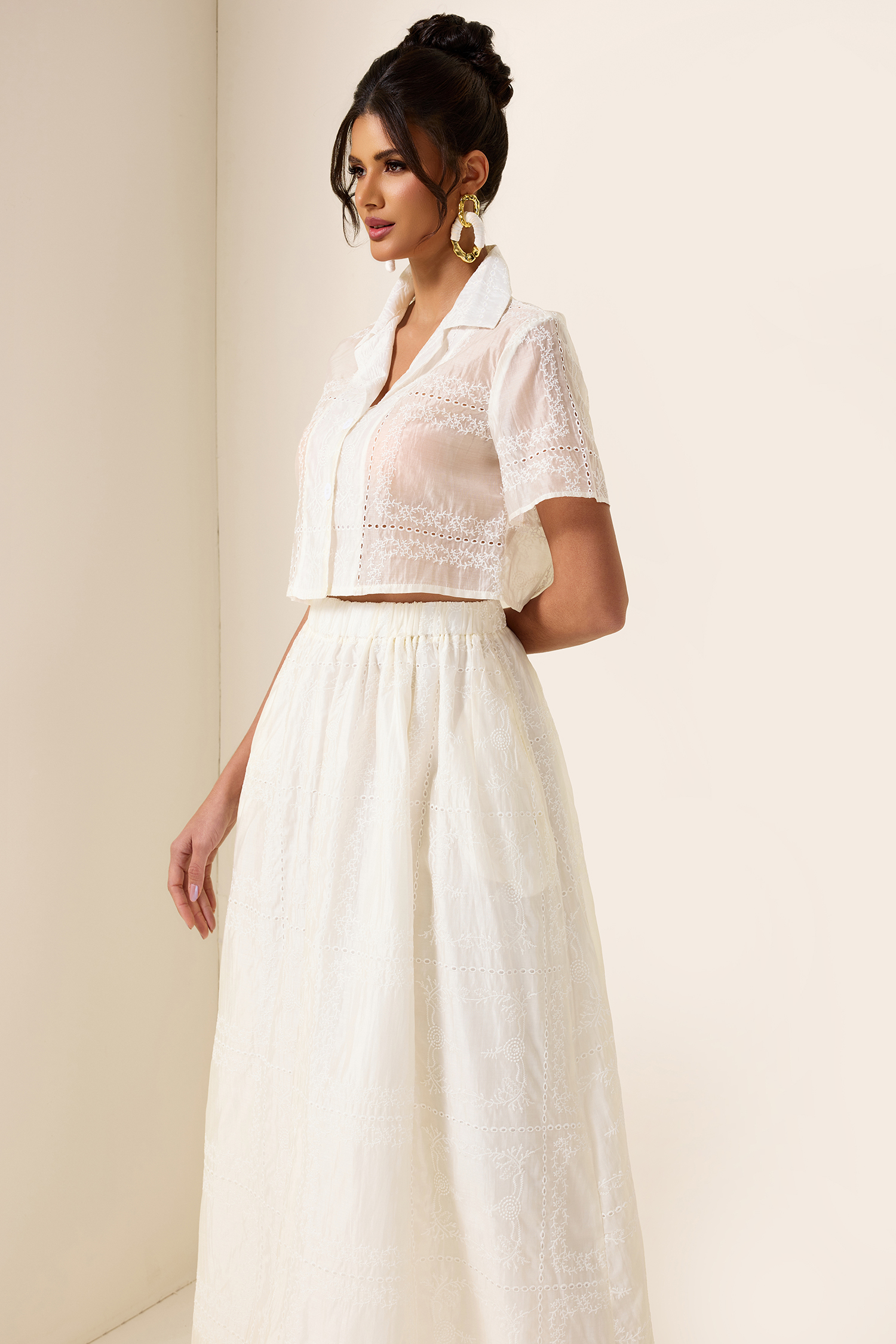 Solid Embroidred Top & Mid Waist Embroidered Skirt Set Solid Embroidred Top & Mid Waist Embroidered Skirt Set