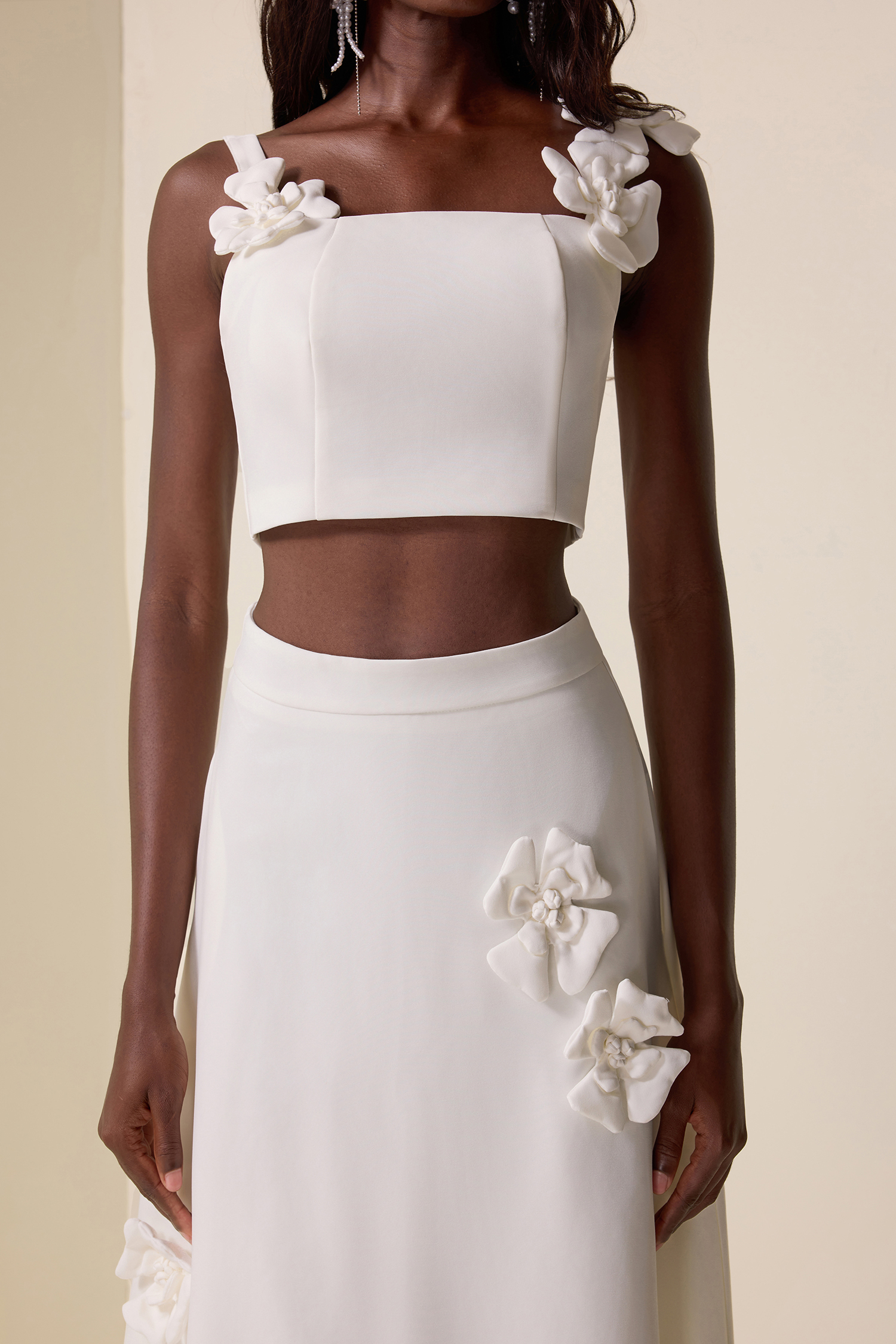 3D Flower Square Collar Solid Top & High Waist Skirt Set