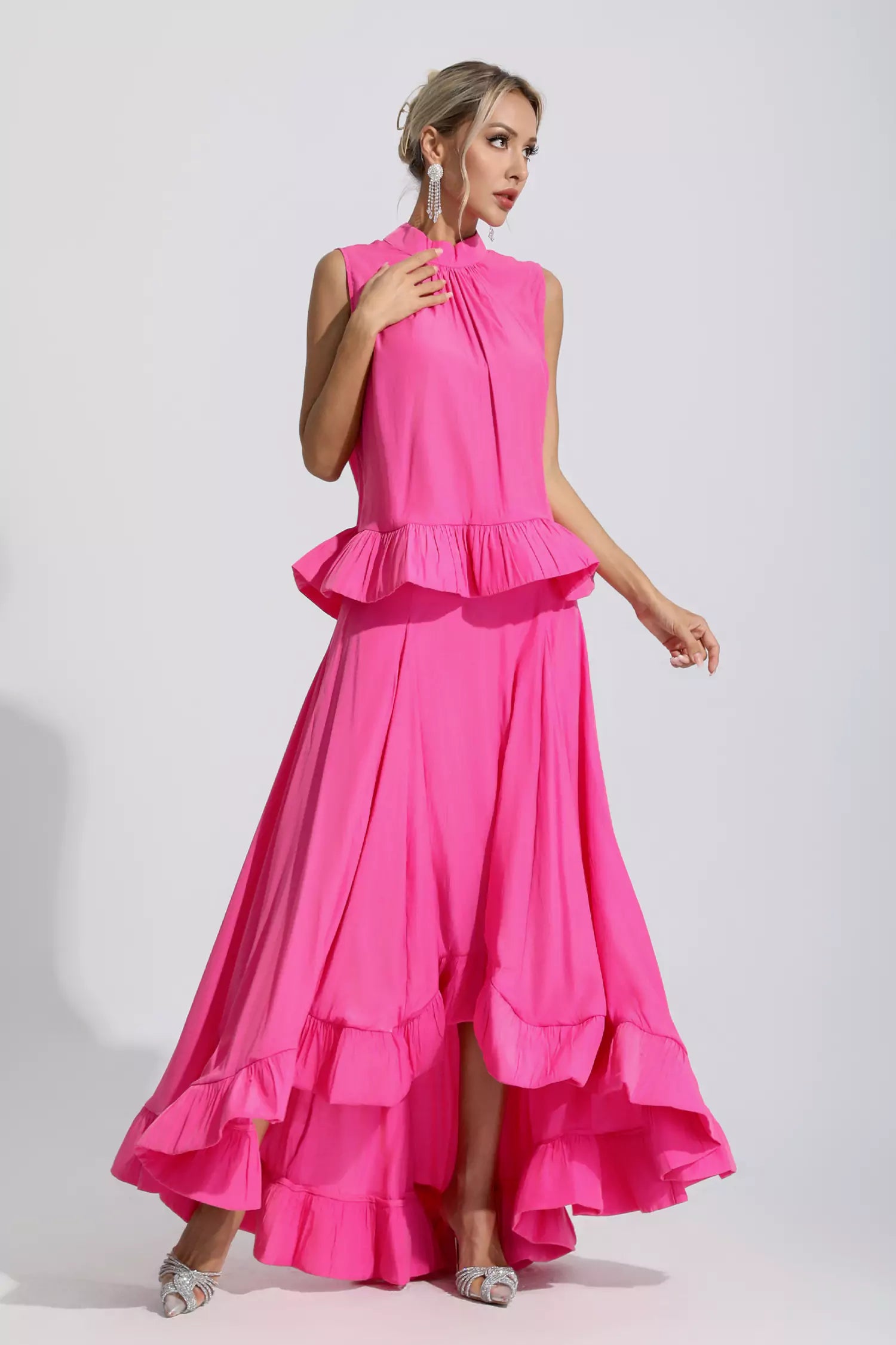 Solid Sleeveless Frill Top & Maxi Skirt Set