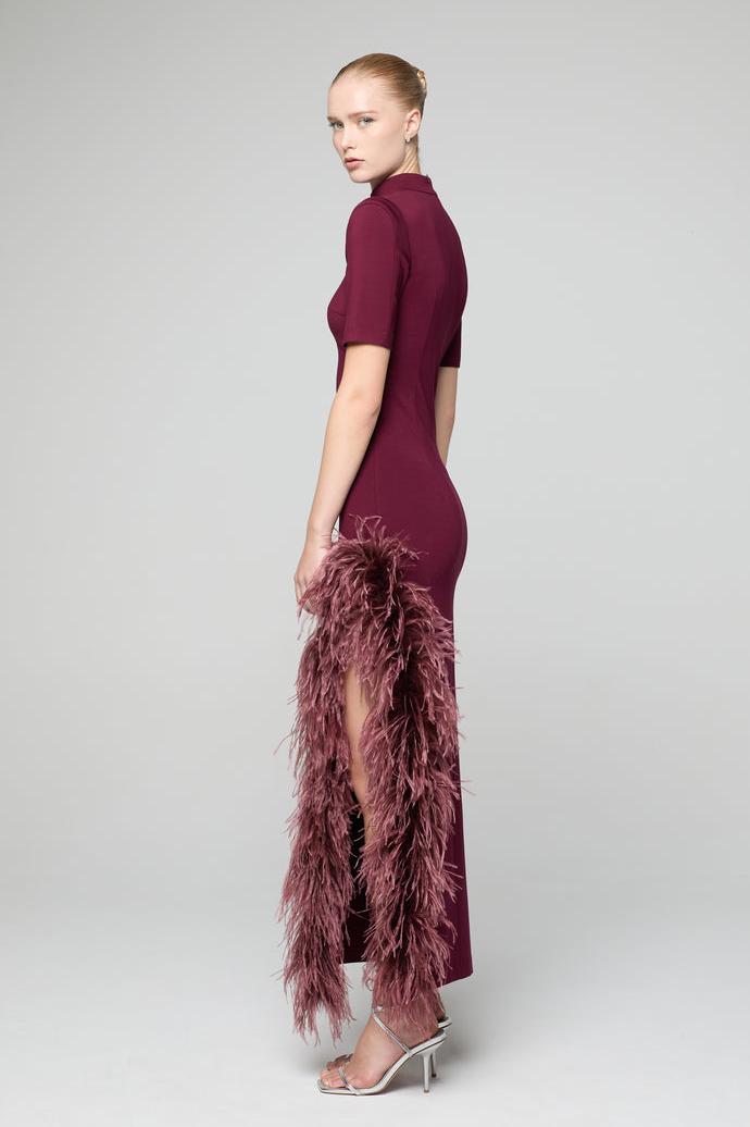 Feather Stand Collar Slit Midi Dress Feather Stand Collar Slit Midi Dress