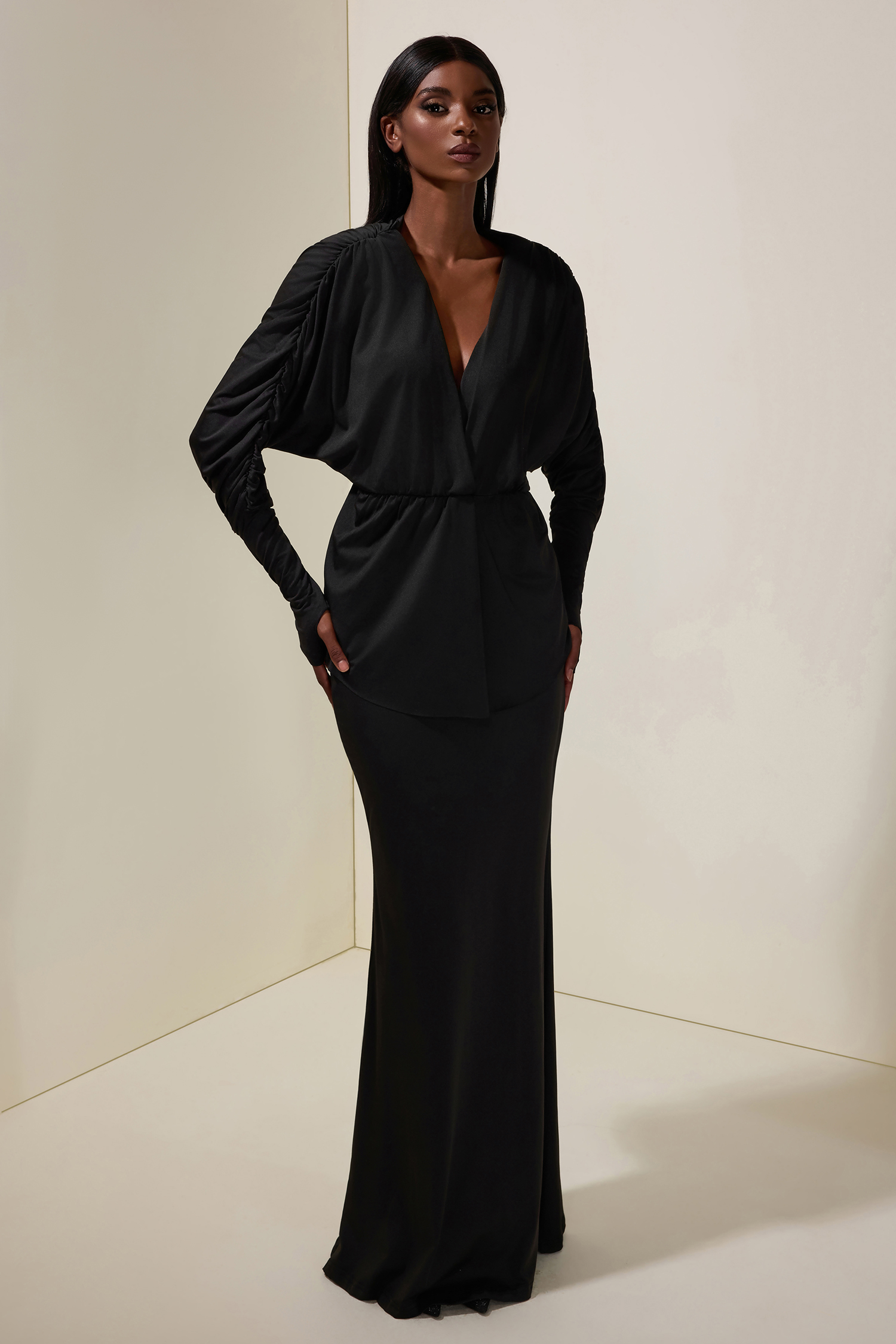 Jersey V-Neck Gathering Top & High Waist Maxi Skirt Set