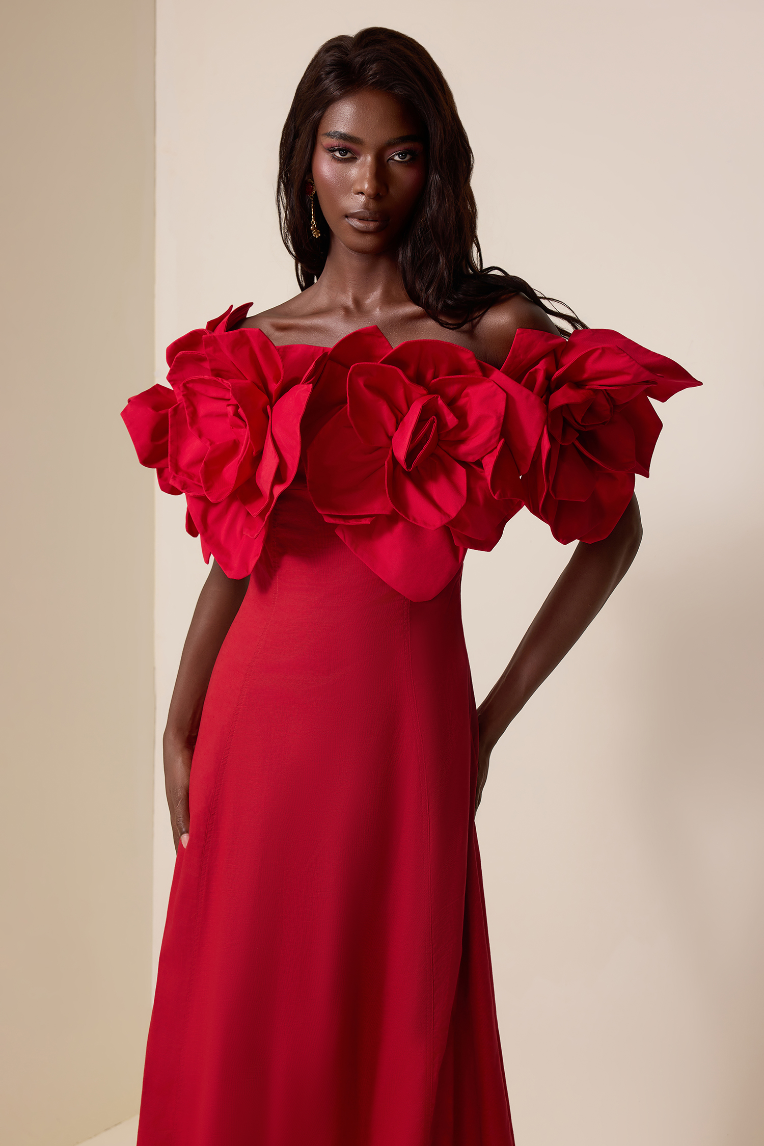 3D Flower Solid Off-Shoulder Midi Dress 3D Flower Solid Off-Shoulder Midi Dress