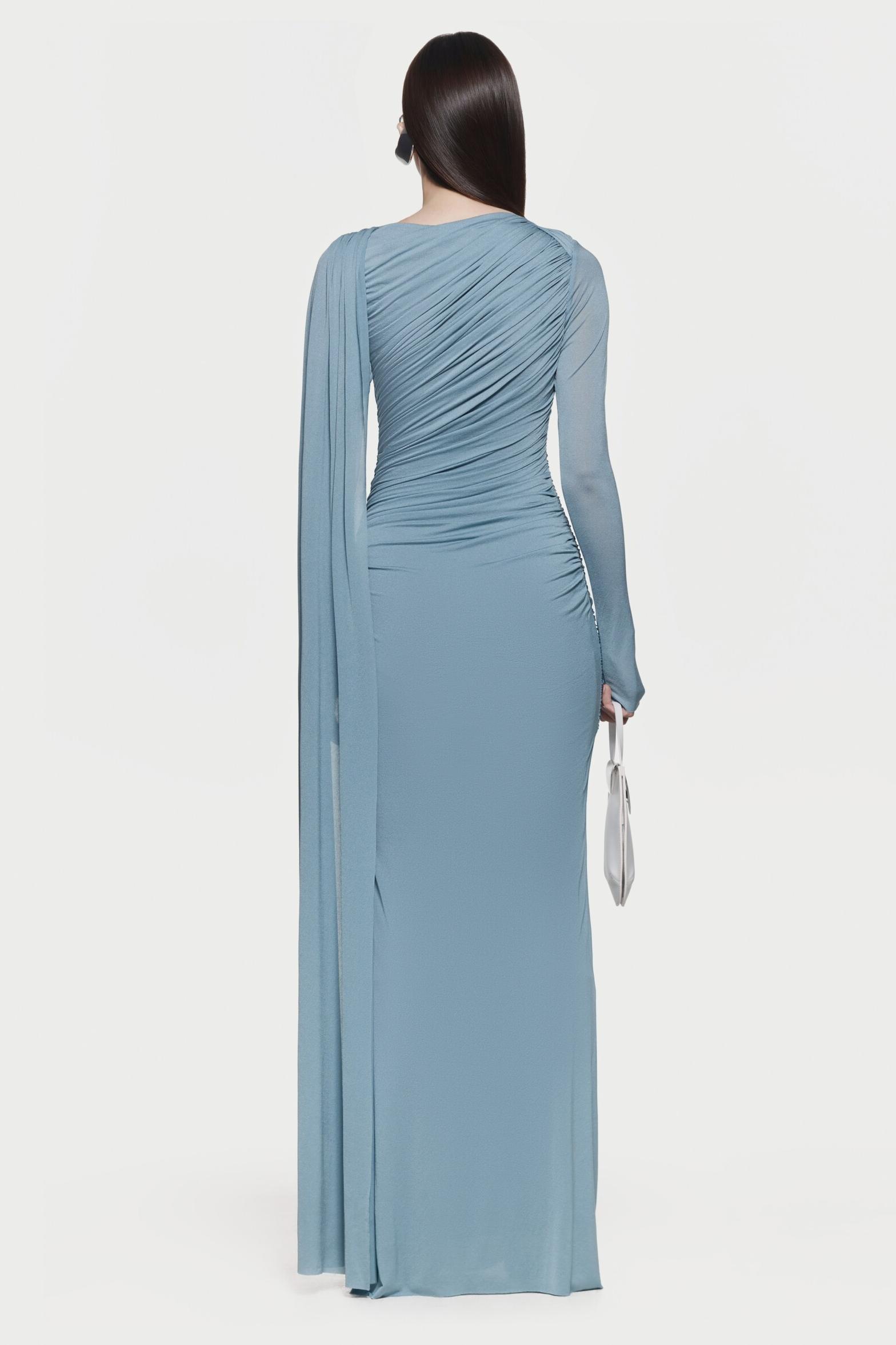 Solid Gathering Metal Button Cape Sleeve Maxi Dress Solid Gathering Metal Button Cape Sleeve Maxi Dress