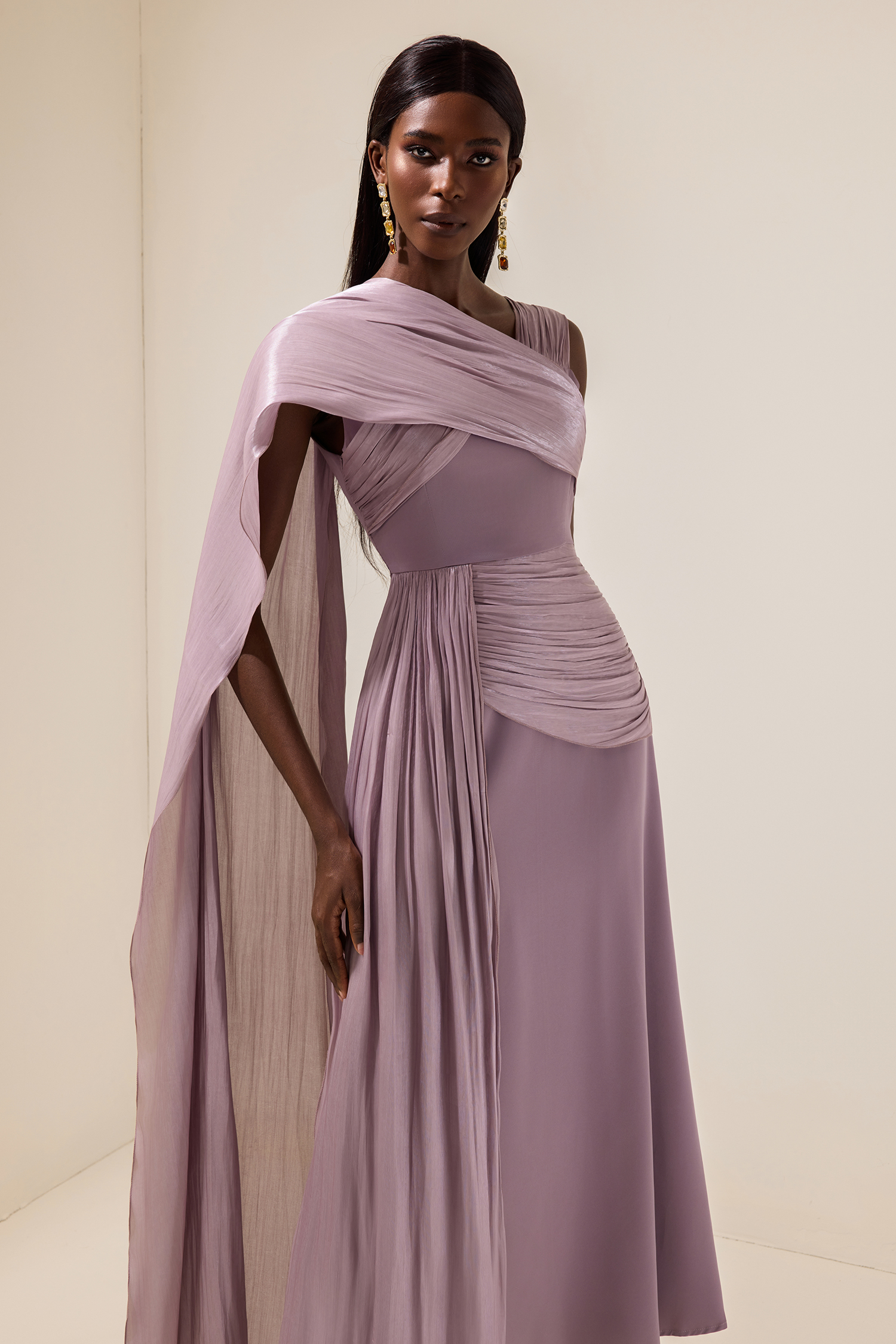 Satin Gathering Cape Sleeve Midi Dress Satin Gathering Cape Sleeve Midi Dress