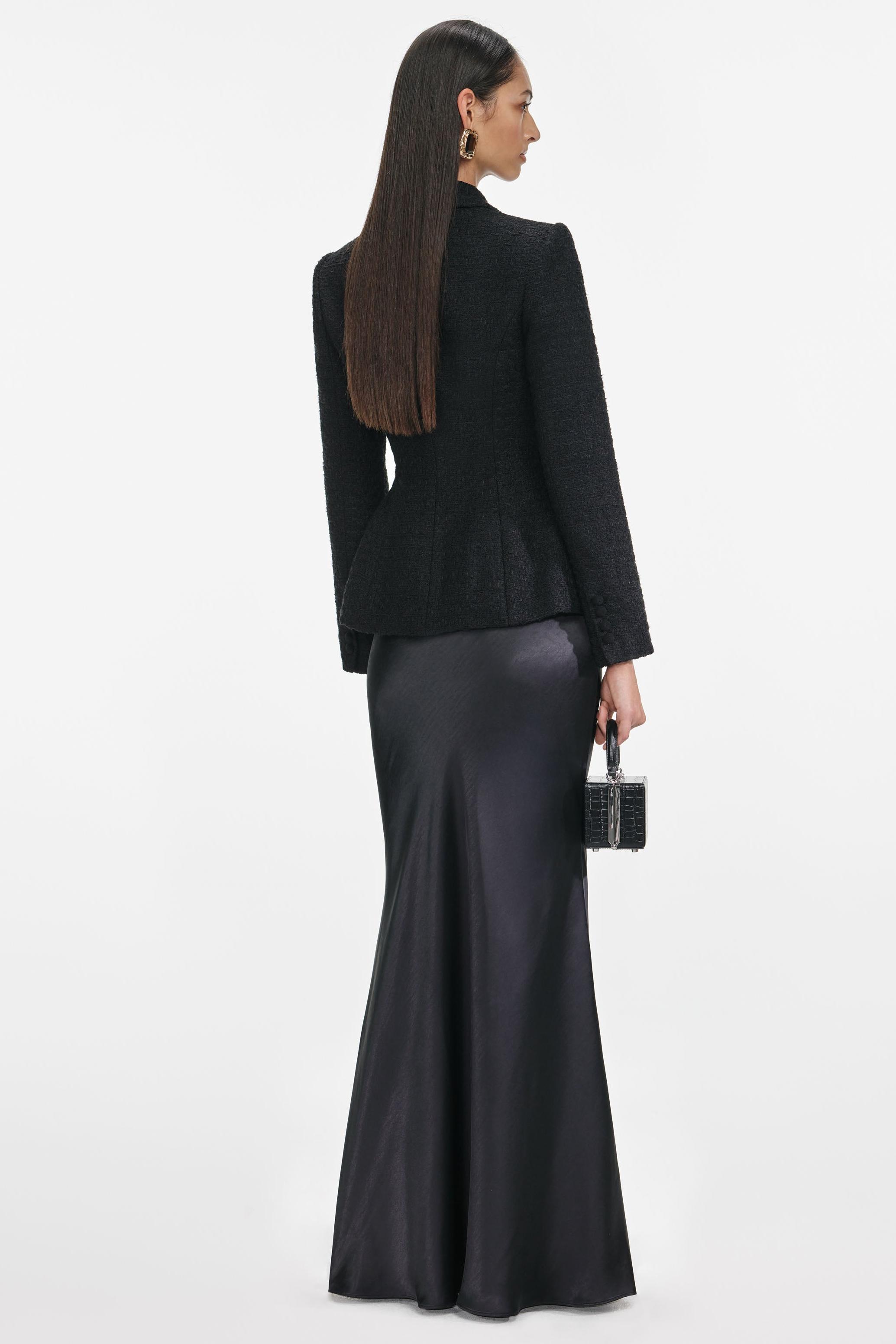 Tweed Single Breasted Tailored Collar Blazer & Satin High Waist Maxi Skirt Set