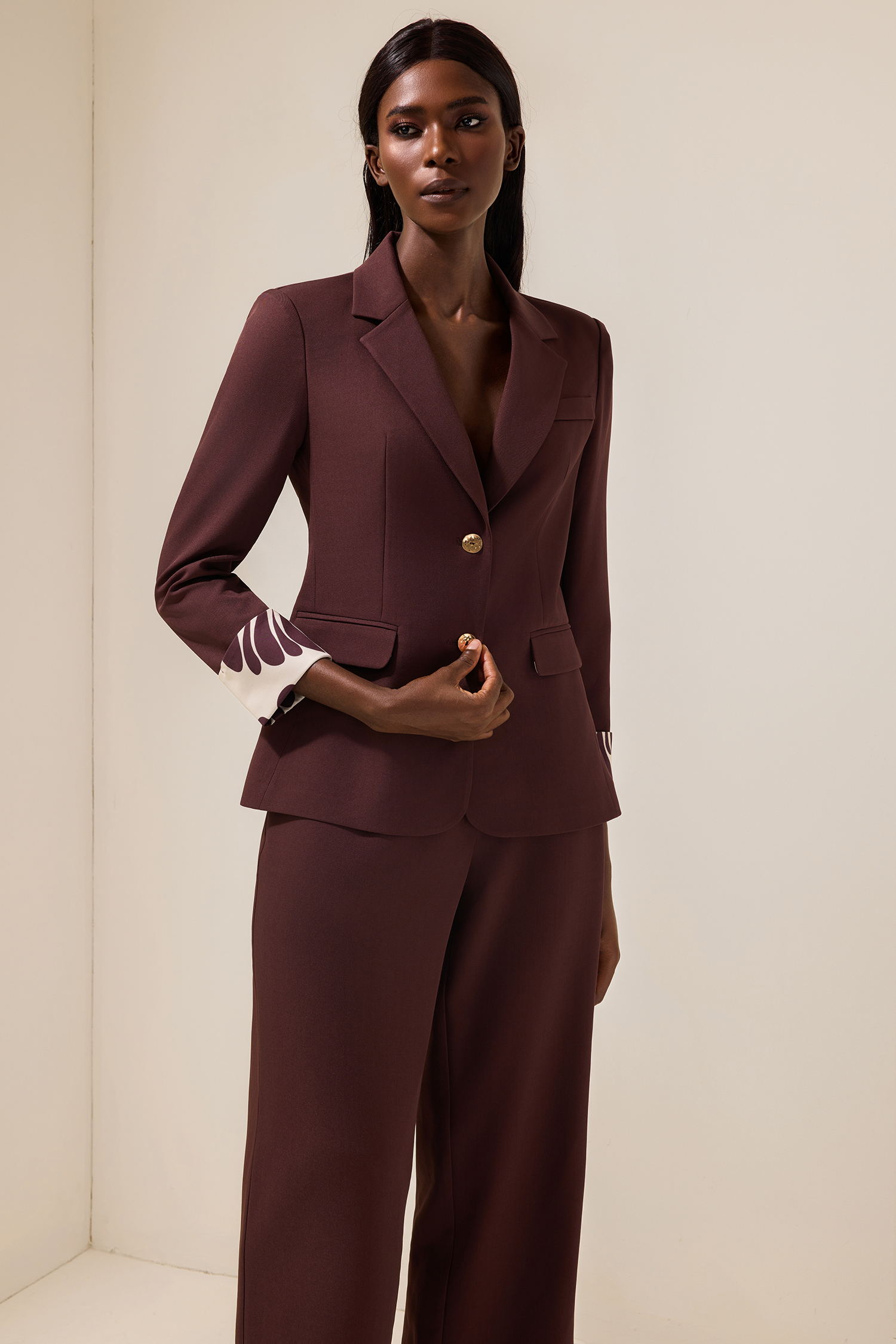 Metal Button Blazer & High Waist Pants Set With Belt