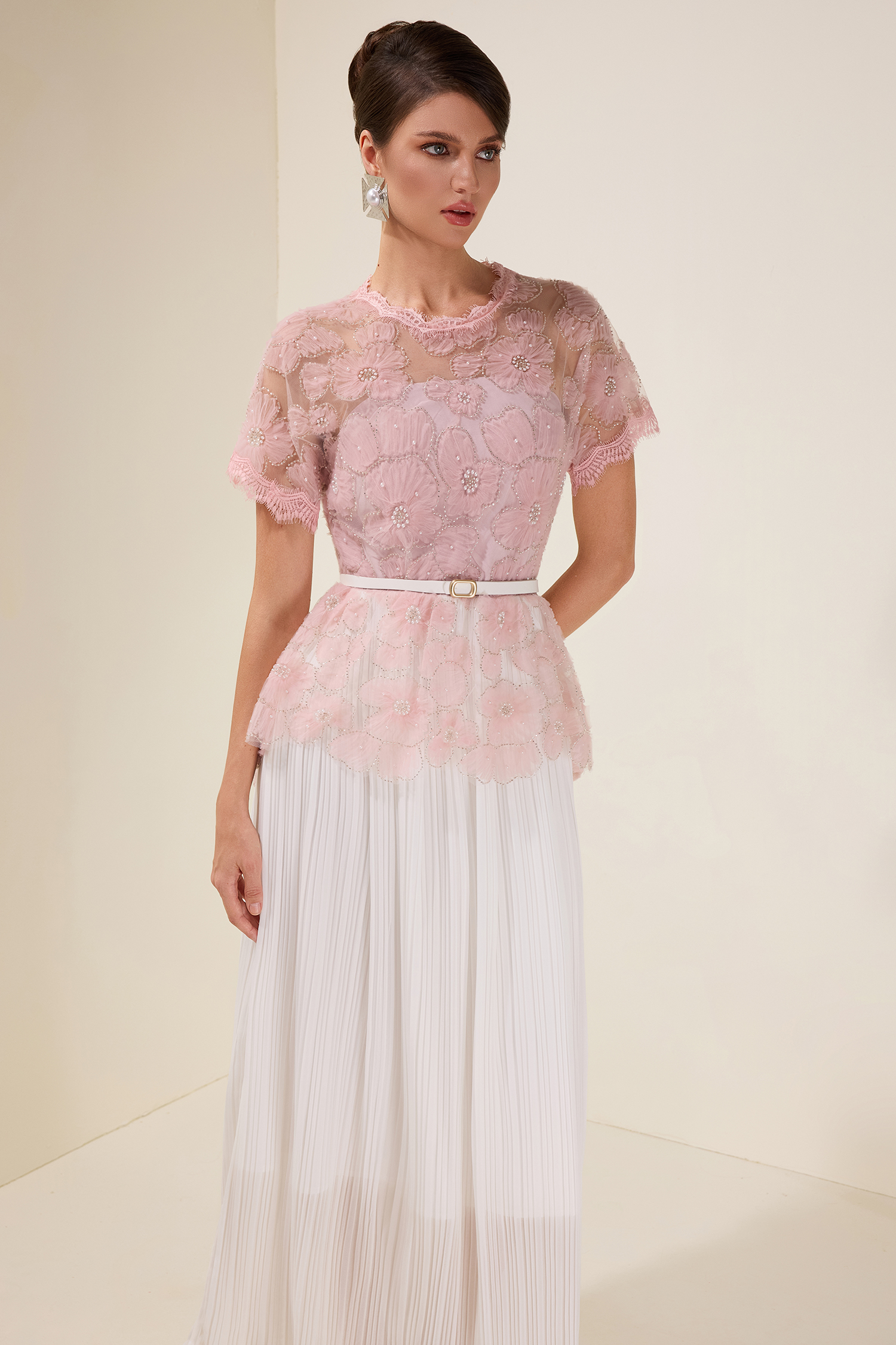 Lace Splicing Pleated Midi Dress With Belt Lace Splicing Pleated Midi Dress With Belt