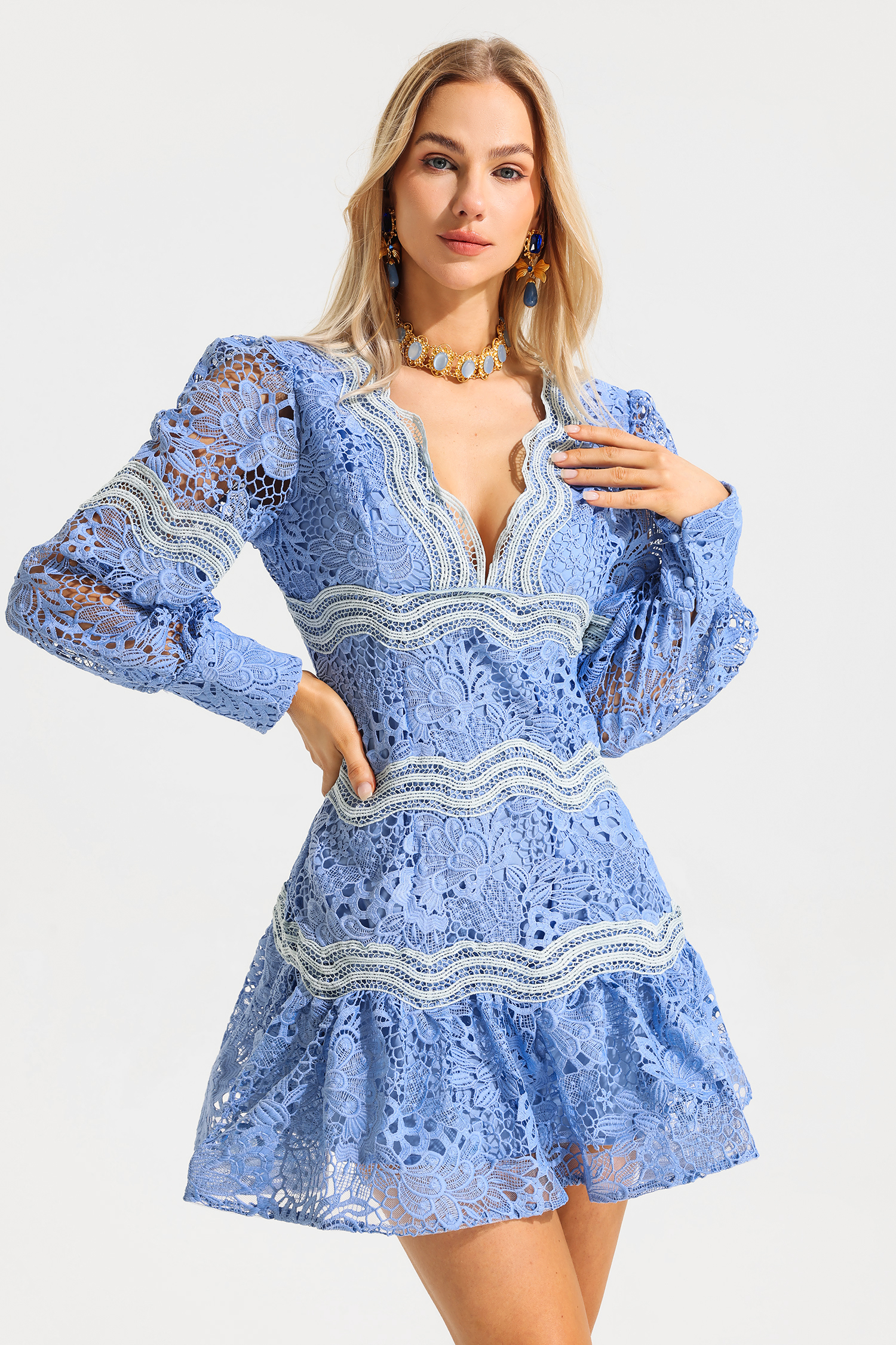V-Neck Puff Sleeve Lace Mini Dress V-Neck Puff Sleeve Lace Mini Dress