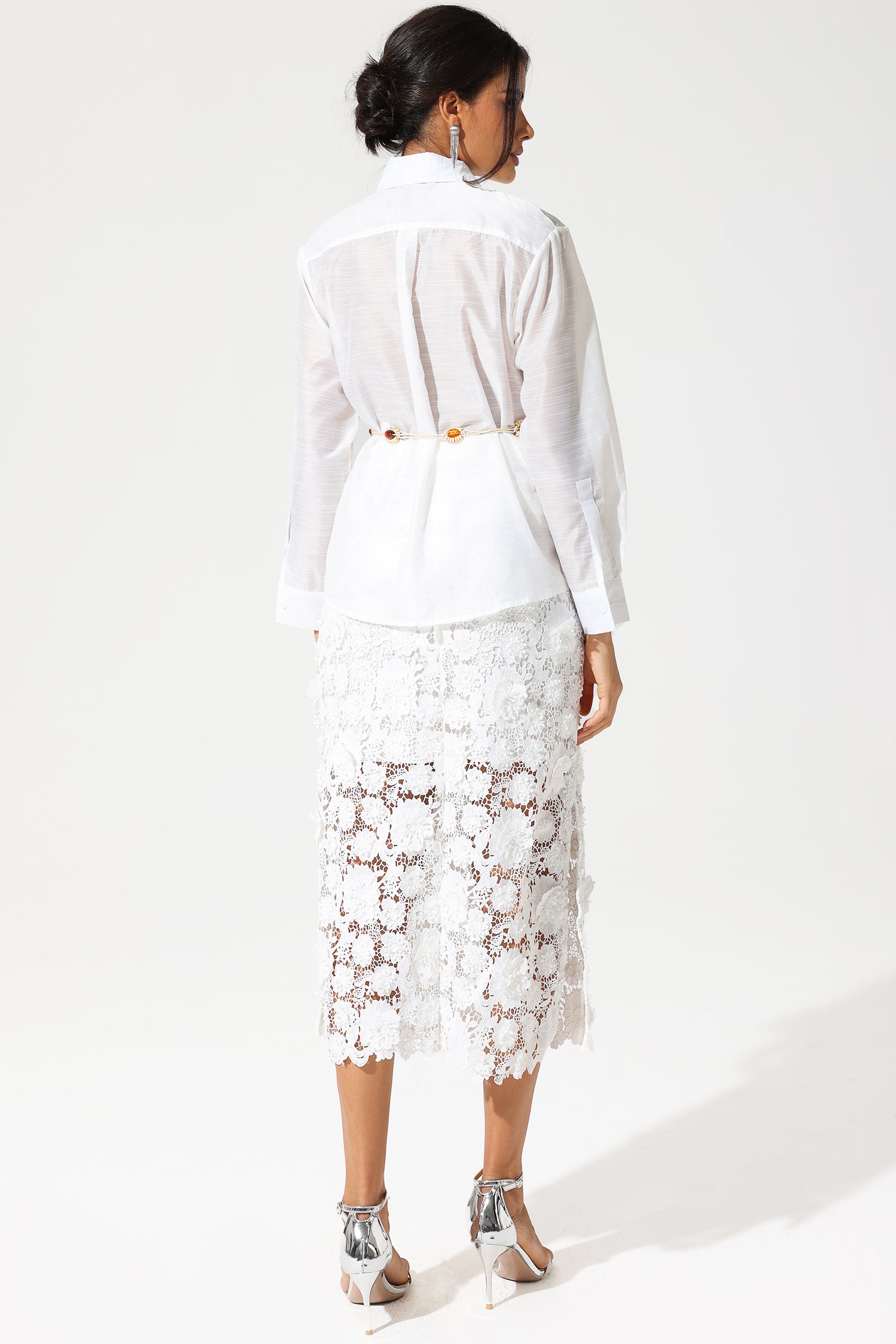 Long Sleeve Lace Cut-Out Slit Dress Set White Long Sleeve Lace Cut-Out Slit Dress Set White