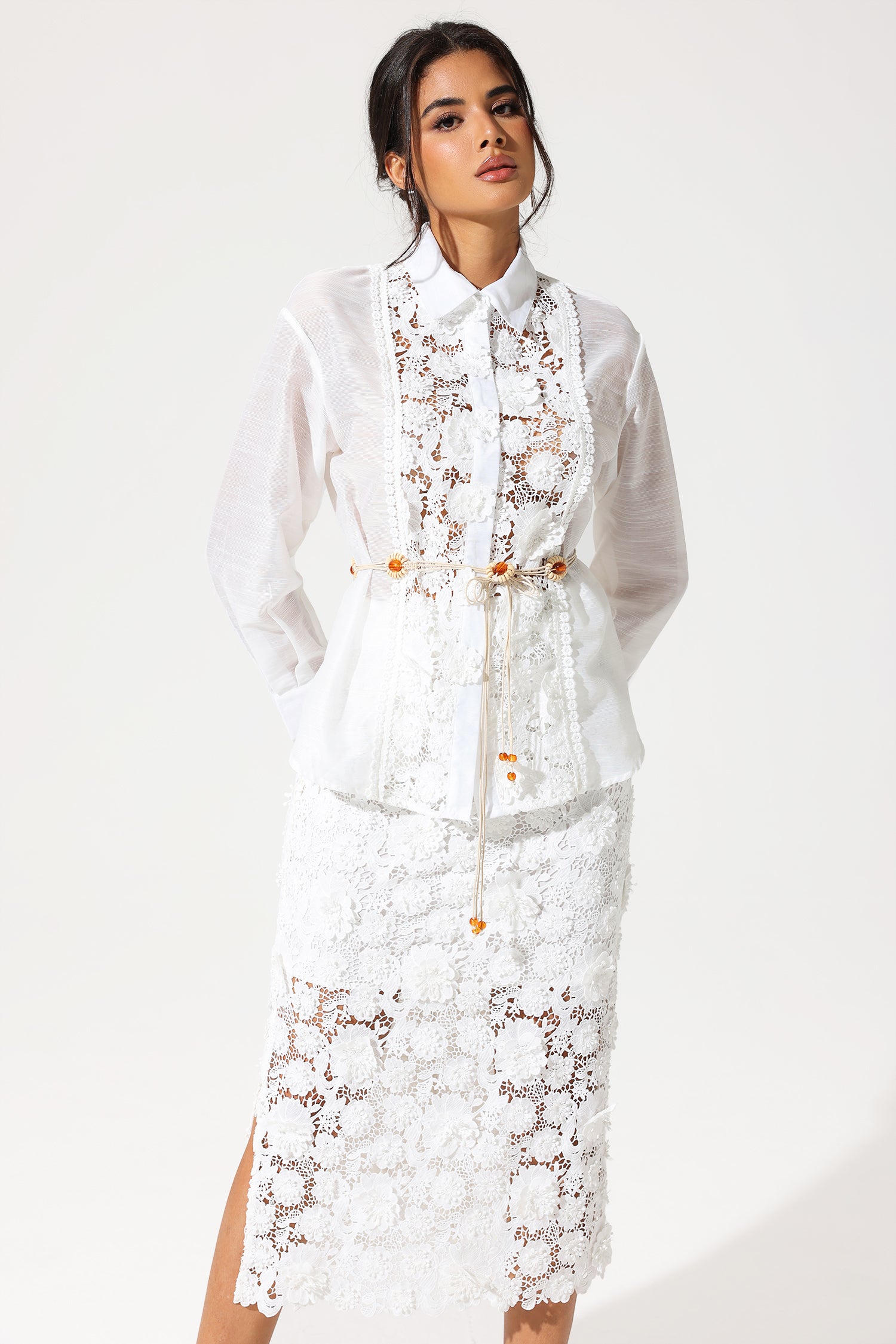 Long Sleeve Lace Cut-Out Slit Dress Set White Long Sleeve Lace Cut-Out Slit Dress Set White