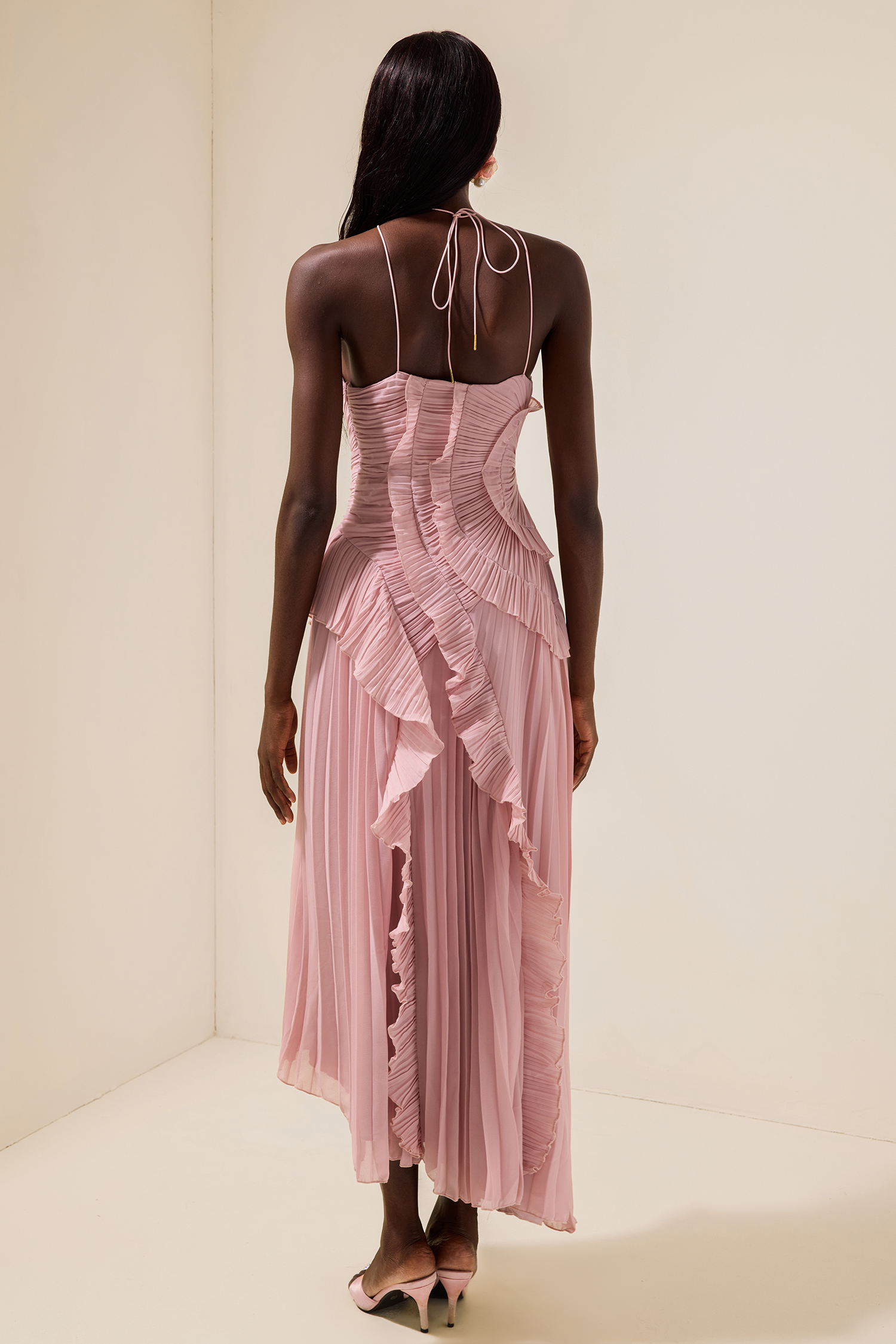 Pleated Frill Halter Neck Midi Dress Pleated Frill Halter Neck Midi Dress