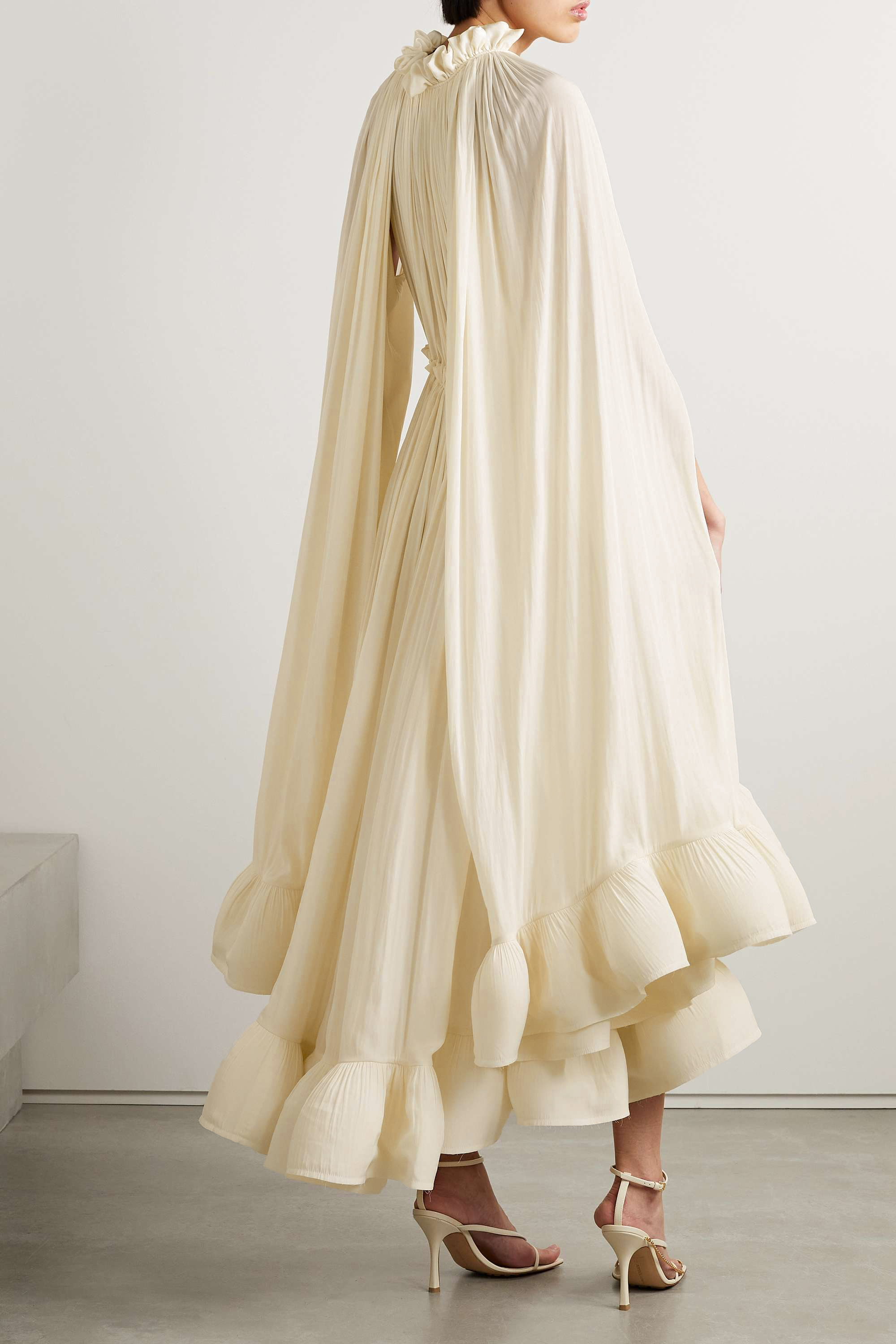 V-Neck Ruffle Hem Cape Midi Dress Beige V-Neck Ruffle Hem Cape Midi Dress Beige