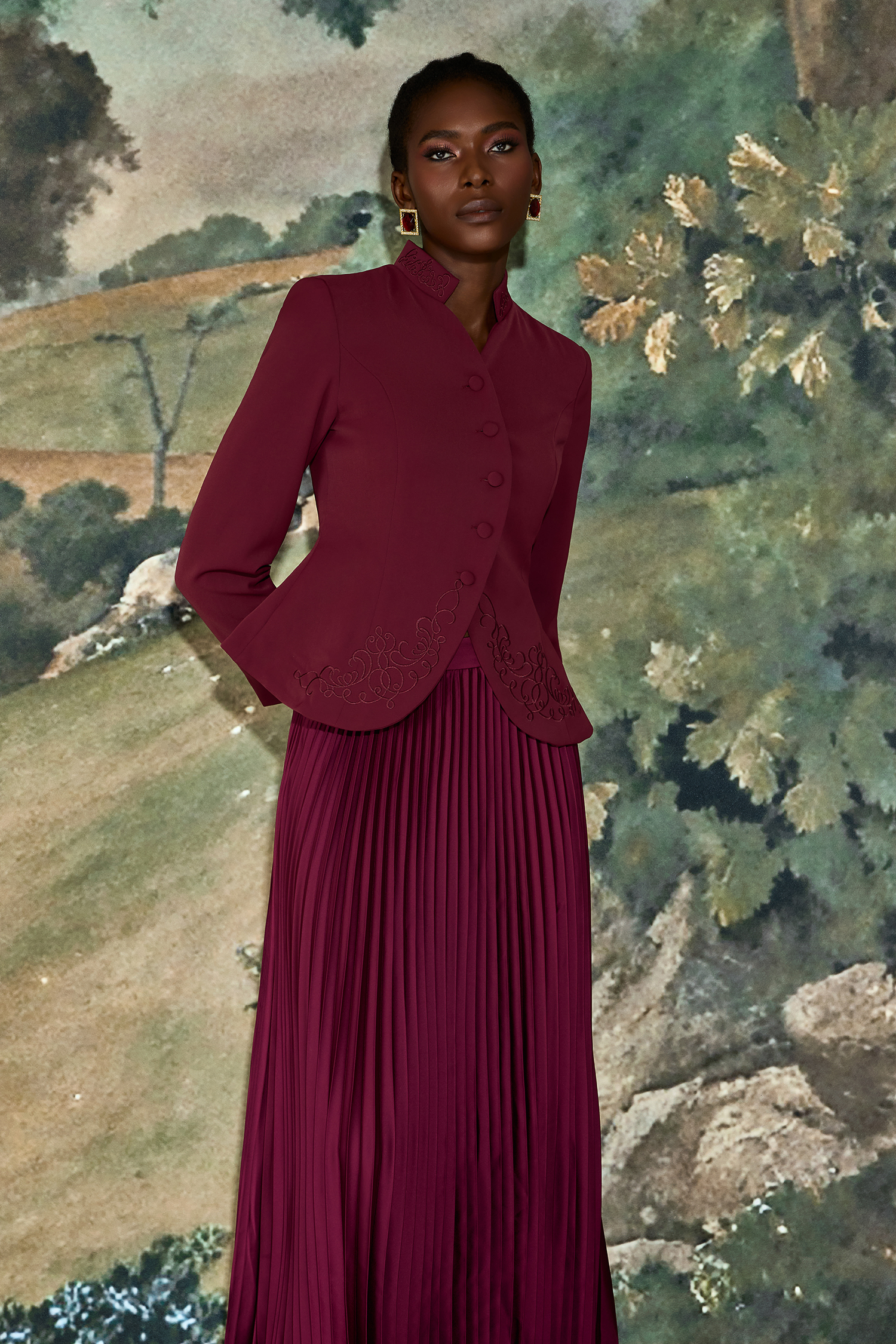 Embroidered Stand Collar Top & High Waist Pleated Maxi Skirt Set